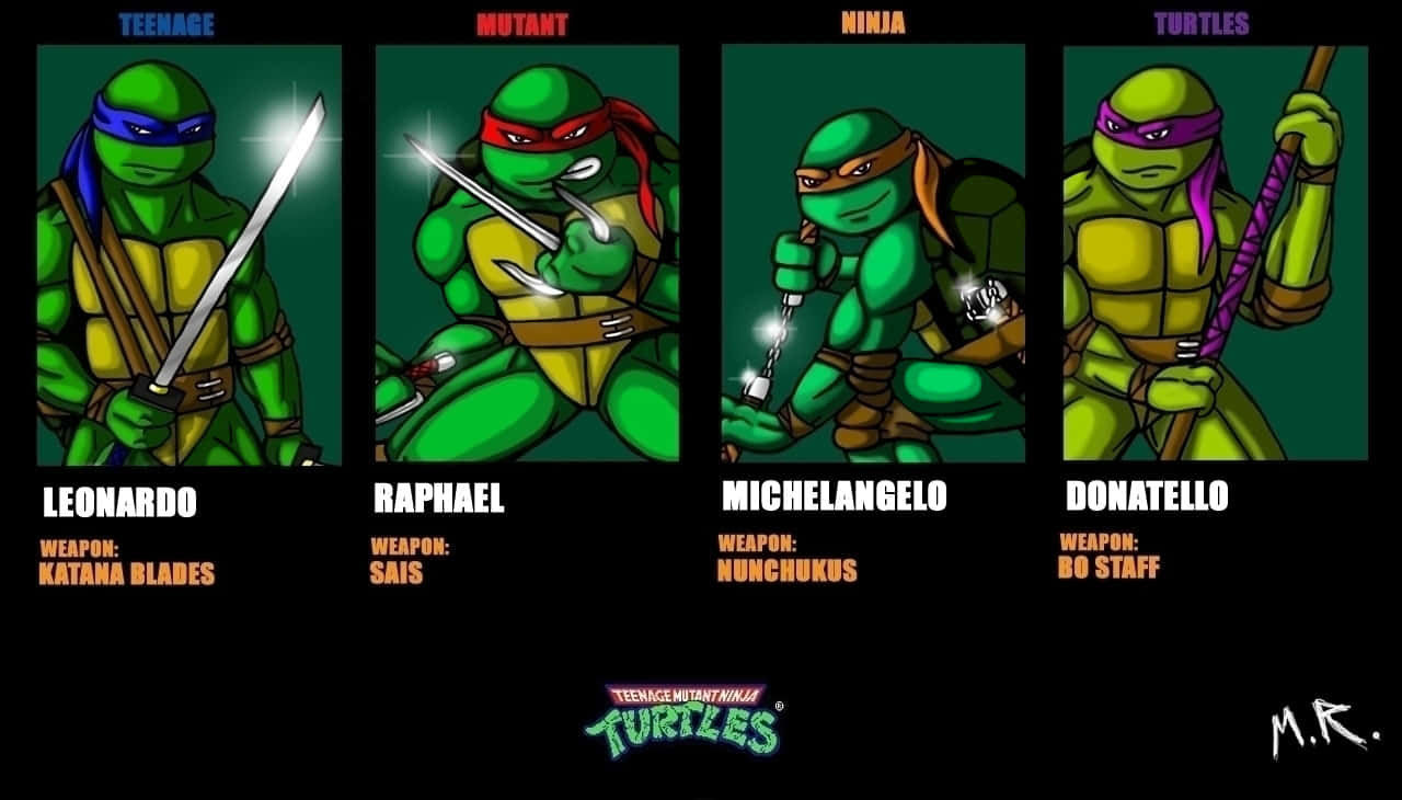 Cartoon Turtle 桌布 壁紙 — 四隻綠色忍者龜以動態姿勢各自揮舞標誌性武器，背景為深綠色，帶有粗體文字標籤。