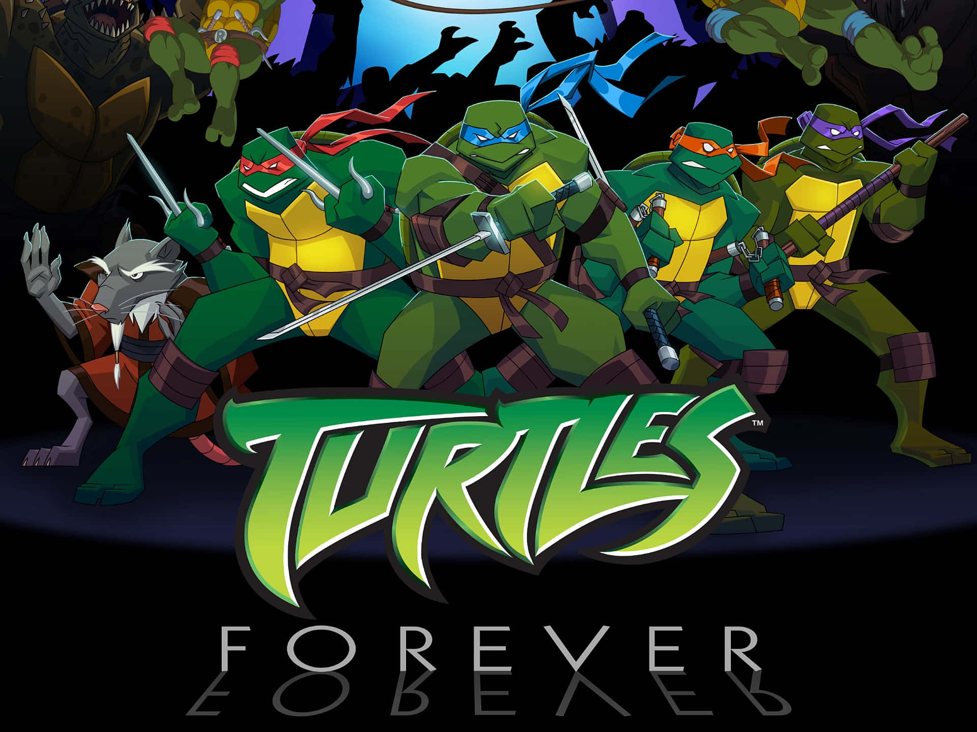 Ninja Turtle 桌布 壁紙 — 四隻綠色忍者龜以武器擺出戰鬥姿勢，還有一個狼形盟友，背景是黑暗的城市。