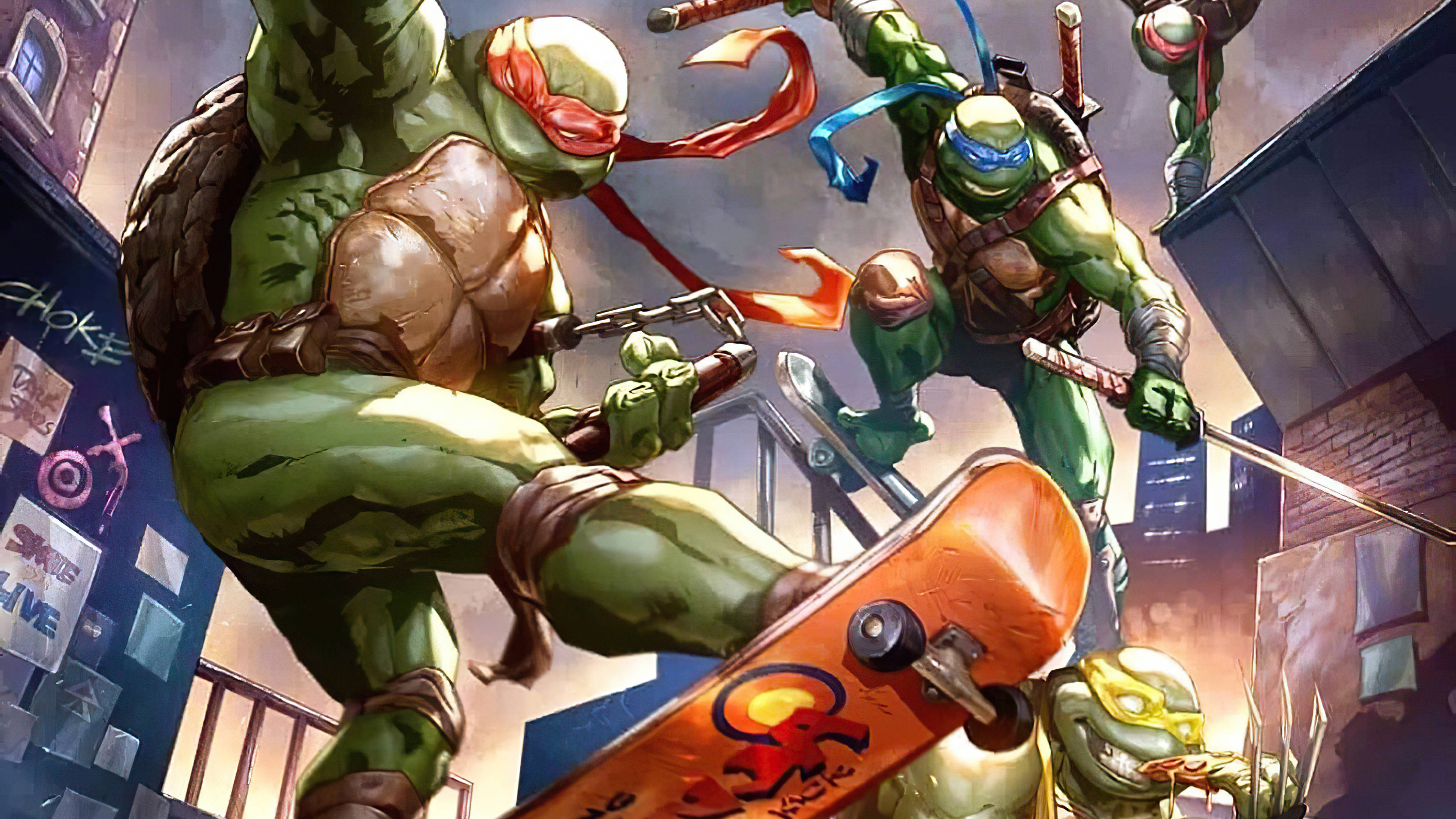 teenage mutant ninja turtles 桌布 壁紙 — 四隻綠色忍者龜在一個有塗鴉和滑板的骯髒城市後巷中戰鬥。