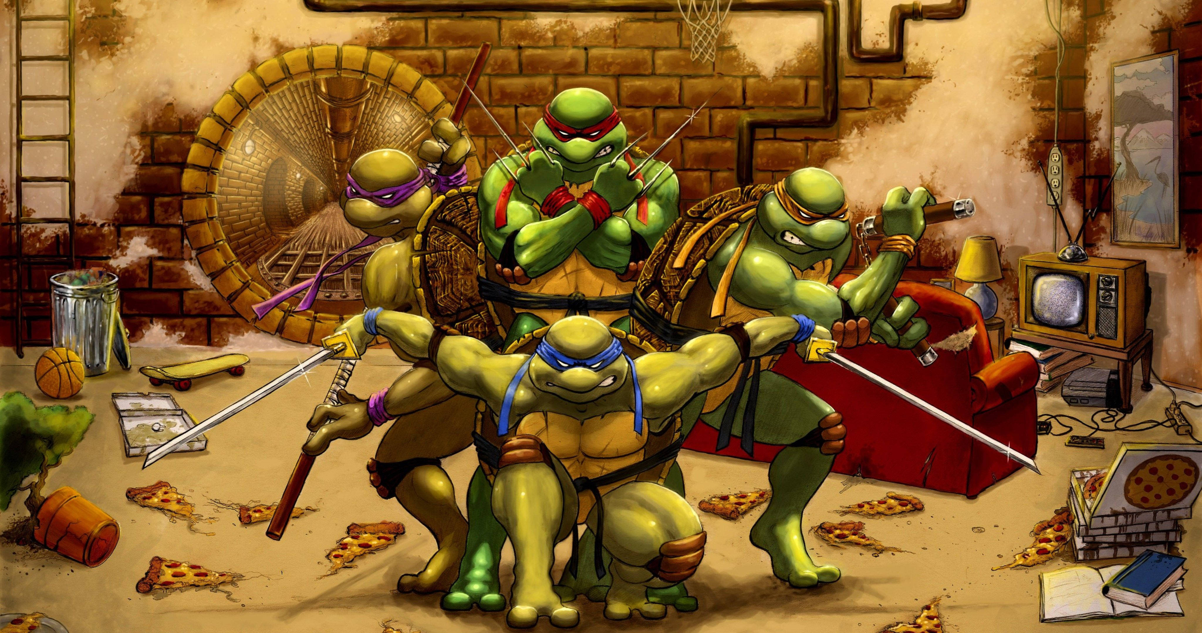 teenage mutant ninja turtles 桌布 壁紙 — 四隻綠色忍者龜在一個雜亂的藏身處，有披薩片、武器和復古科技。
