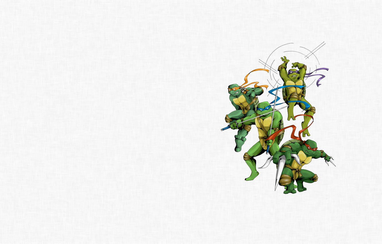 Ninja Turtle 桌布 壁紙 — 四隻綠色忍者龜在帶有紋理的白色背景上擺出動態戰鬥姿勢，並帶有彩色武器軌跡。