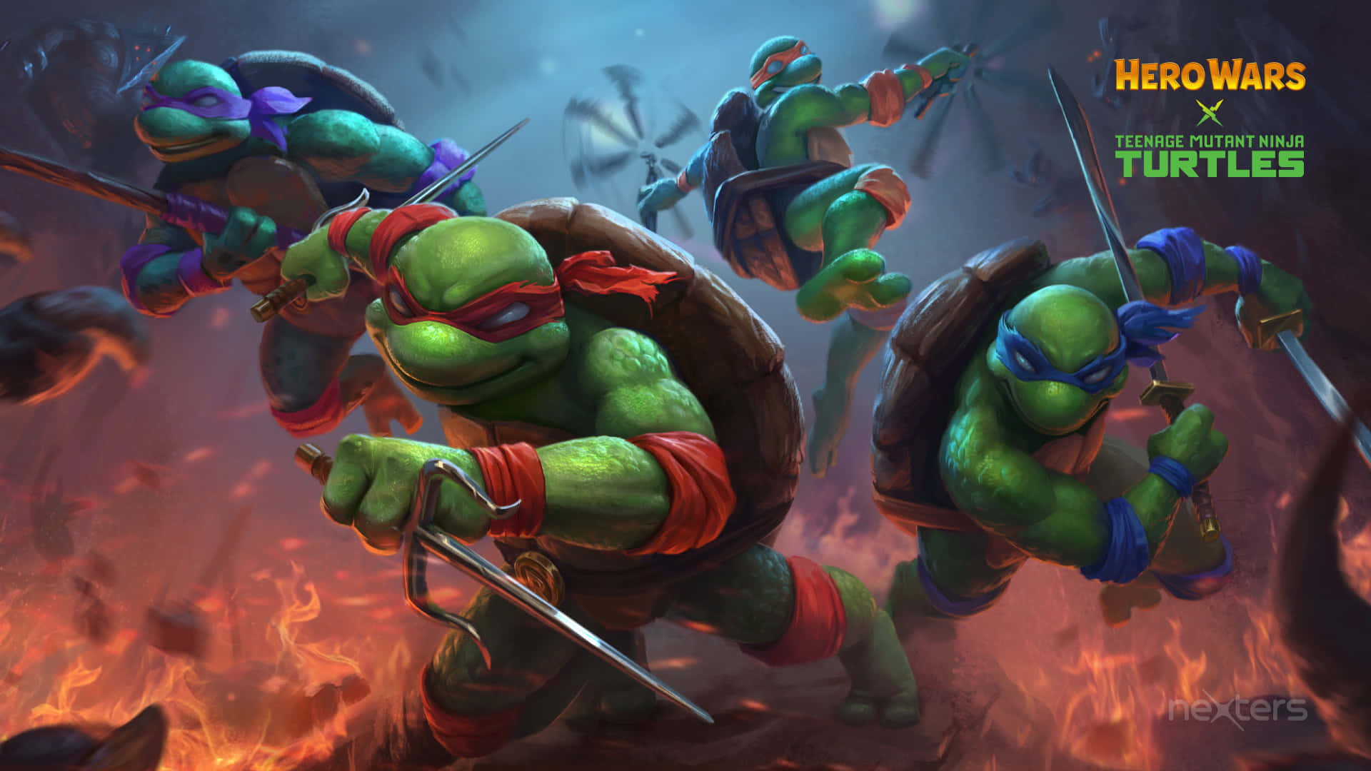 Ninja turtles 壁紙 — 四隻綠色忍者龜在火焰爆炸和煙霧中擺出戰鬥姿勢揮舞刀劍。