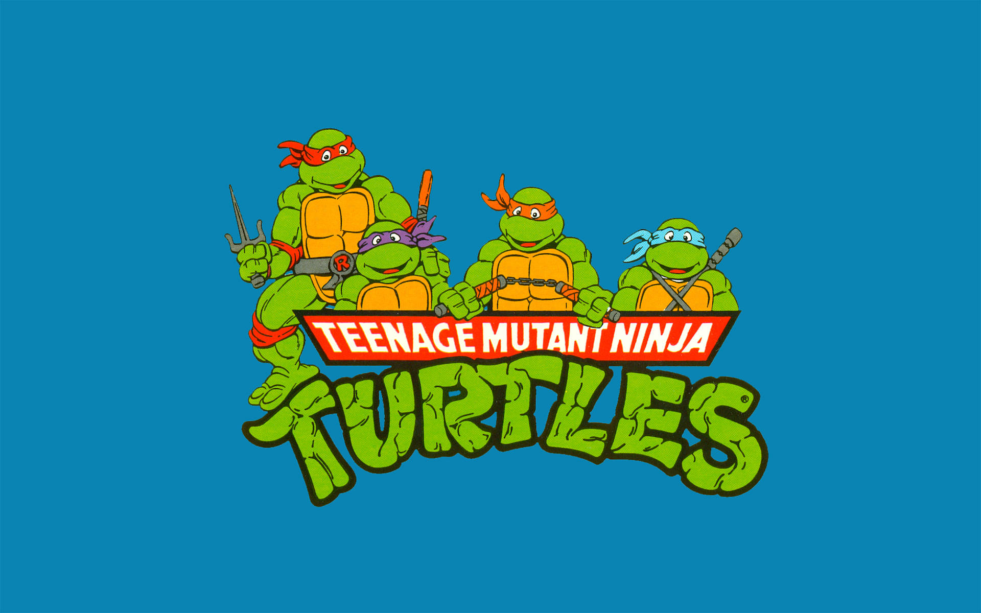 Ninja Turtle 桌布 壁紙 — 四隻綠色忍者龜戴著彩色面具和武器，站在純藍色背景上一個大膽的紅綠標誌後面。