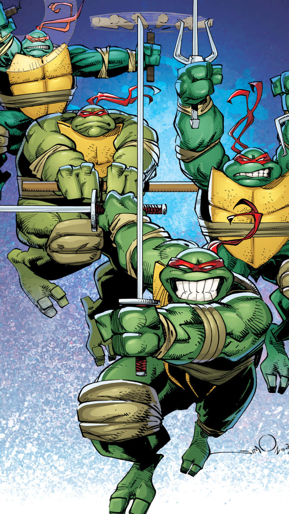 tmnt 桌布 壁紙 — 四隻綠色忍者龜戴著黃色面具和腰帶，在藍色紋理背景前手持武器動態擺姿勢。