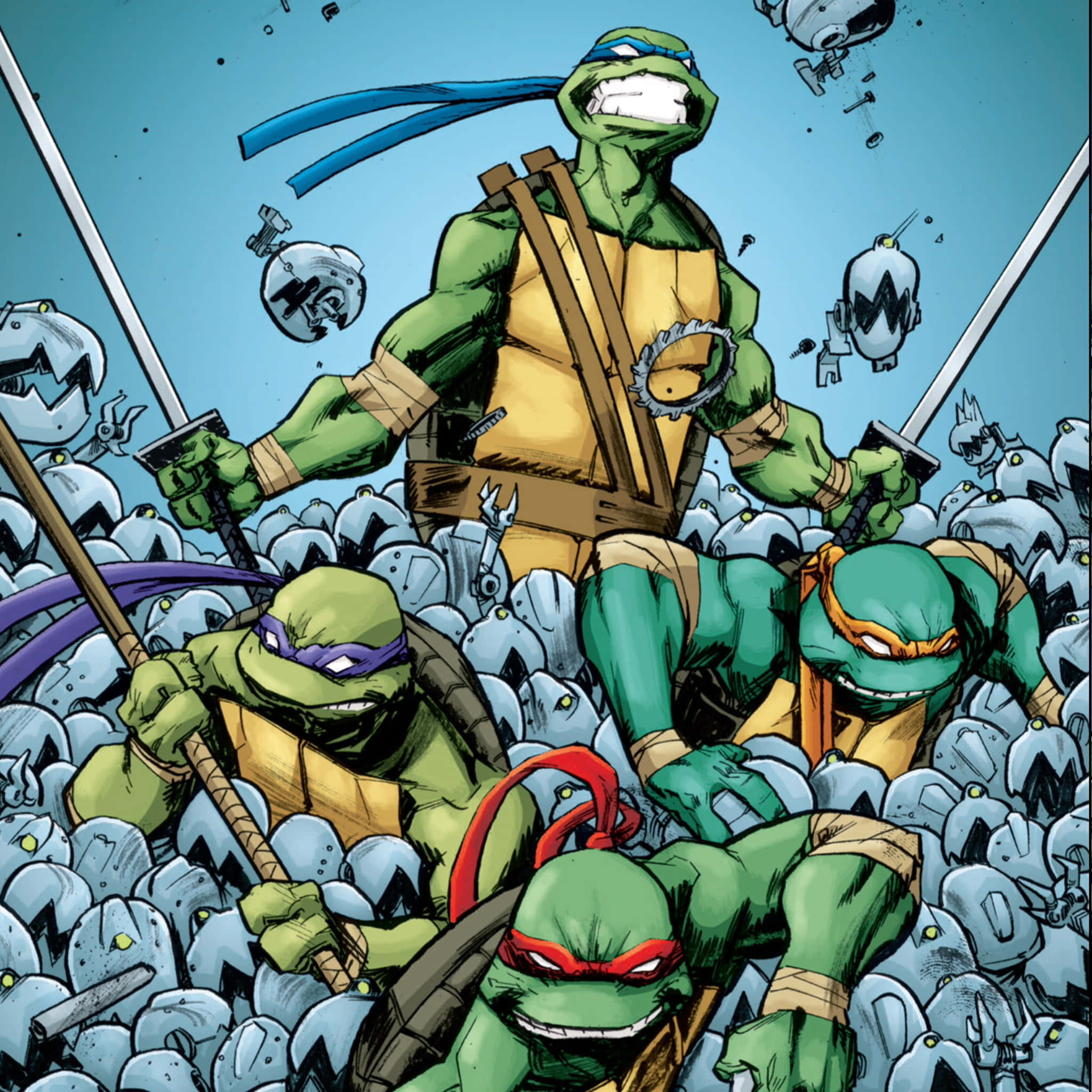 Ninja Turtle 桌布 壁紙 — 四隻綠色忍者龜用劍和釵打敗了一大群機器人敵人。