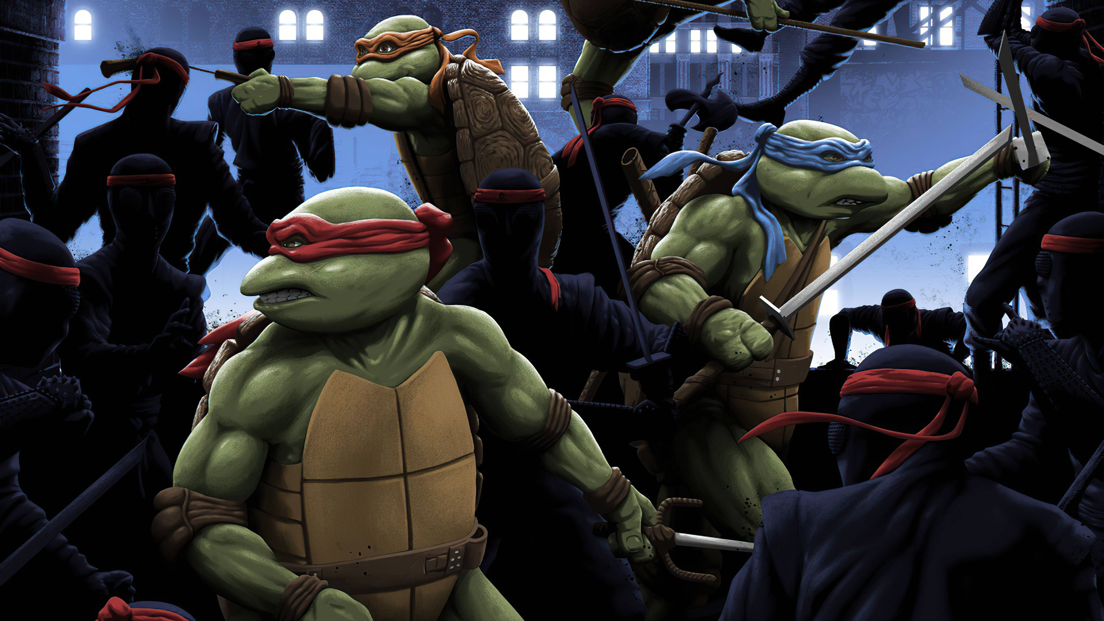 teenage mutant ninja turtles 桌布 壁紙 — 四隻綠色忍者龜身穿戰鬥裝備，在夜晚陰暗的城市小巷中與影子忍者戰鬥。