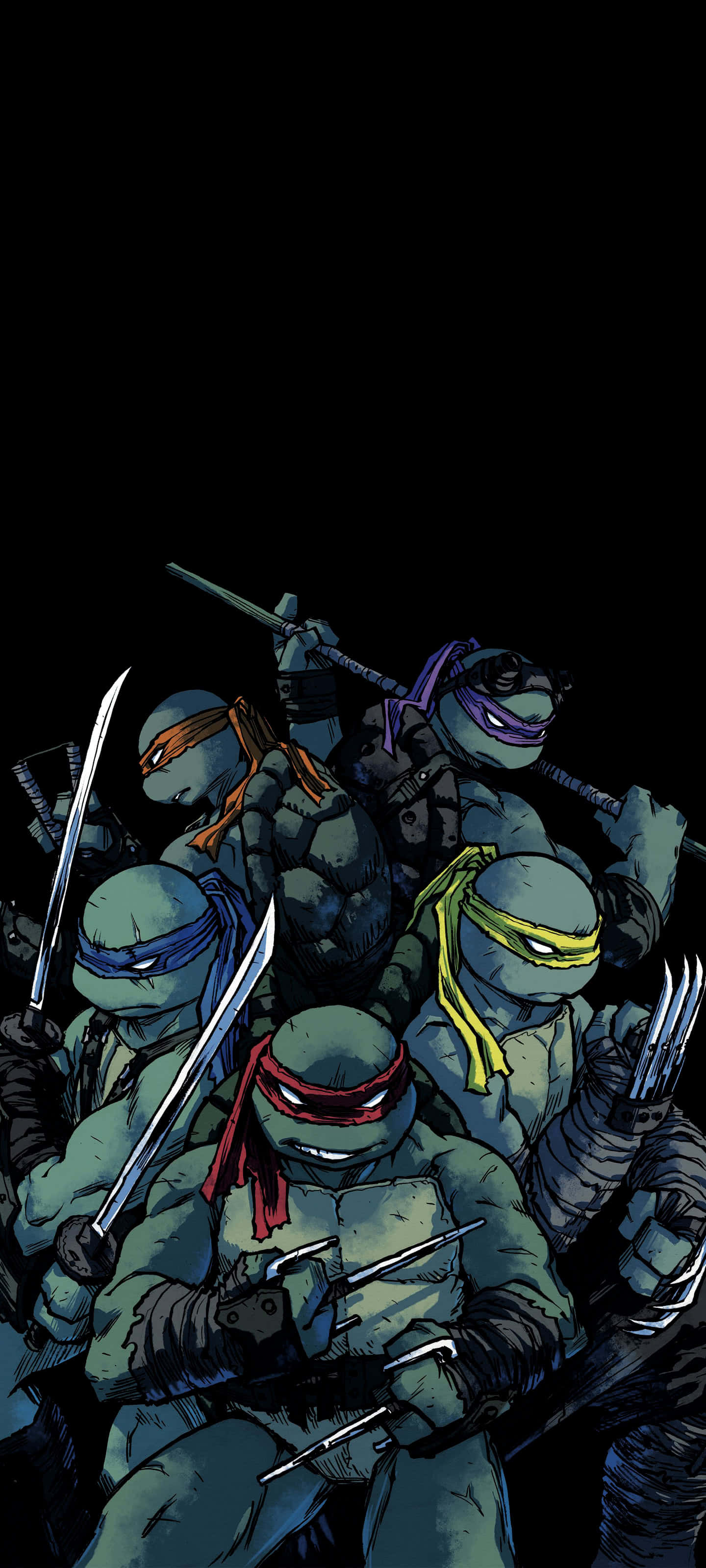 Teenage Mutant Ninja Turtles Comic Book 桌布 壁紙 — 四隻綠色龜殼、戴著彩色面具的忍者龜，在黑色背景前手持武器準備就緒。