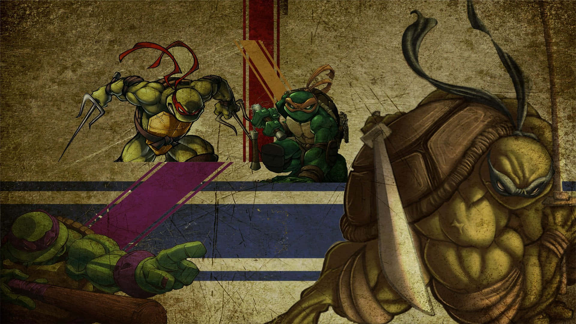 tmnt 桌布 壁紙 — 四隻肌肉發達的綠色忍者龜在粗糙的城市牆壁背景上擺出戰鬥姿勢，手持武器。