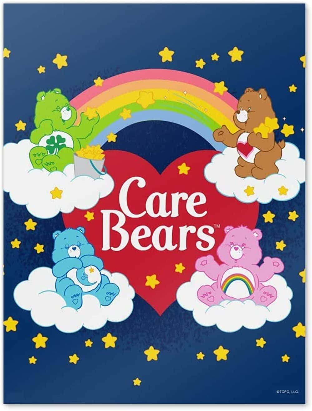 彩虹熊 桌布 壁紙 — 四隻色彩繽紛的Care Bears坐在雲端上，彩虹和心形圖案下襯托著星空夜空。