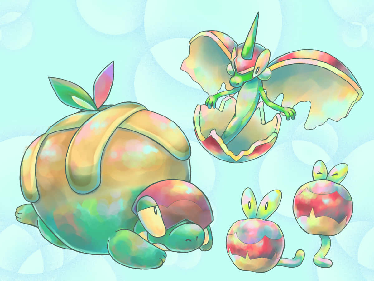 Pokemon Aesthetic 桌布 壁紙 — 四隻色彩繽紛的動漫風格寶可夢，帶有彩虹色外殼和葉狀附肢，漂浮在帶有氣泡狀圖案的柔和粉藍色背景上。