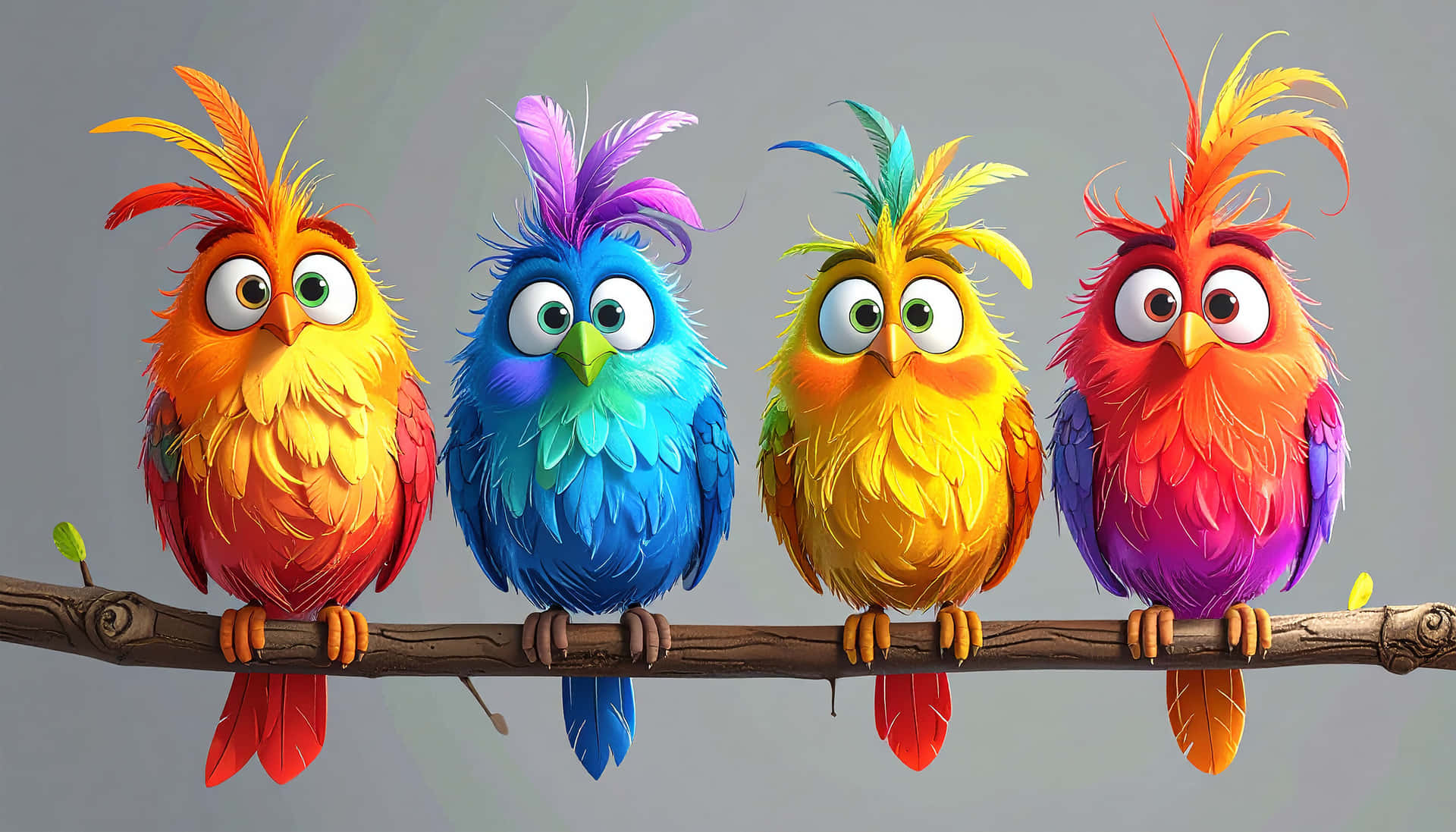 Cartoon Birds 壁紙 — 四隻色彩鮮豔的卡通鳥，擁有蓬鬆羽毛和富有表情的眼睛，並排棲息在木枝上，背景為柔和的灰色。