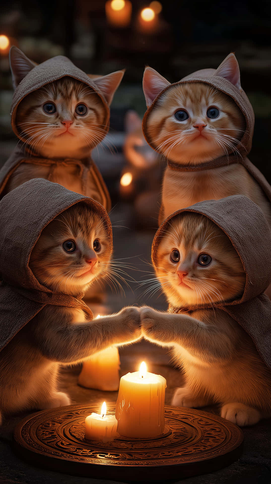 Adorable Kitten Monks with Glowing Candles Ceremony 壁紙 — 四隻薑黃色小貓穿著棕色連帽長袍，在昏暗神秘環境中，於華麗托盤上輕輕觸碰爪子，上方有發光蠟燭。