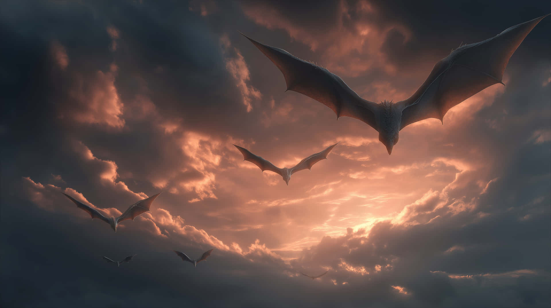 Dawn Dragon Flight 壁紙 — 四隻蝙蝠在壯麗的日落天空中翱翔，天空被火橙色和深灰色的雲彩塗抹。