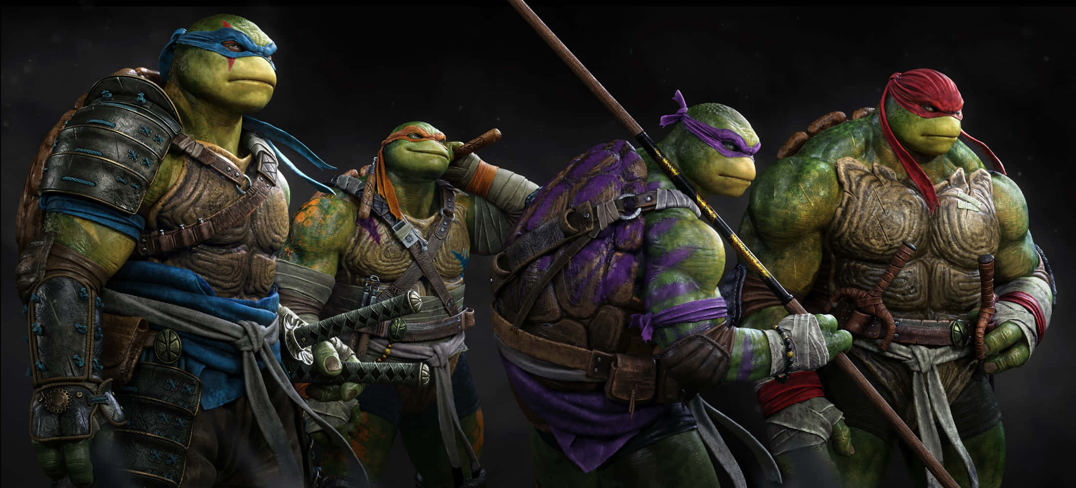 Ninja Turtle 桌布 壁紙 — 四隻裝甲忍者龜在黑暗的攝影棚中擺姿勢，各自揮舞著標誌性武器和彩色頭巾。