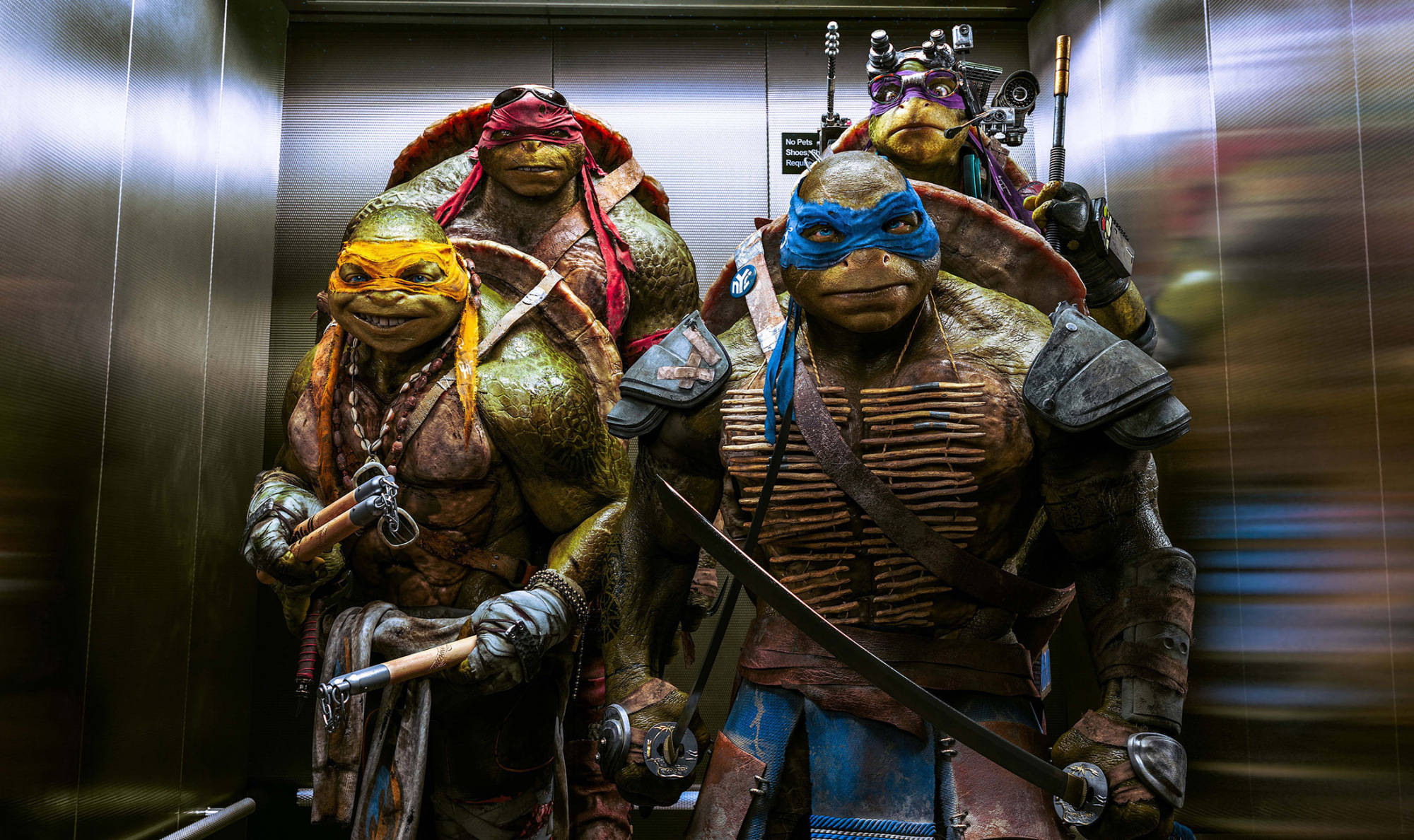 teenage mutant ninja turtles 桌布 壁紙 — 四隻身穿精細服裝的忍者龜在移動的電梯中警覺地站立，電梯有模糊的金屬牆壁。