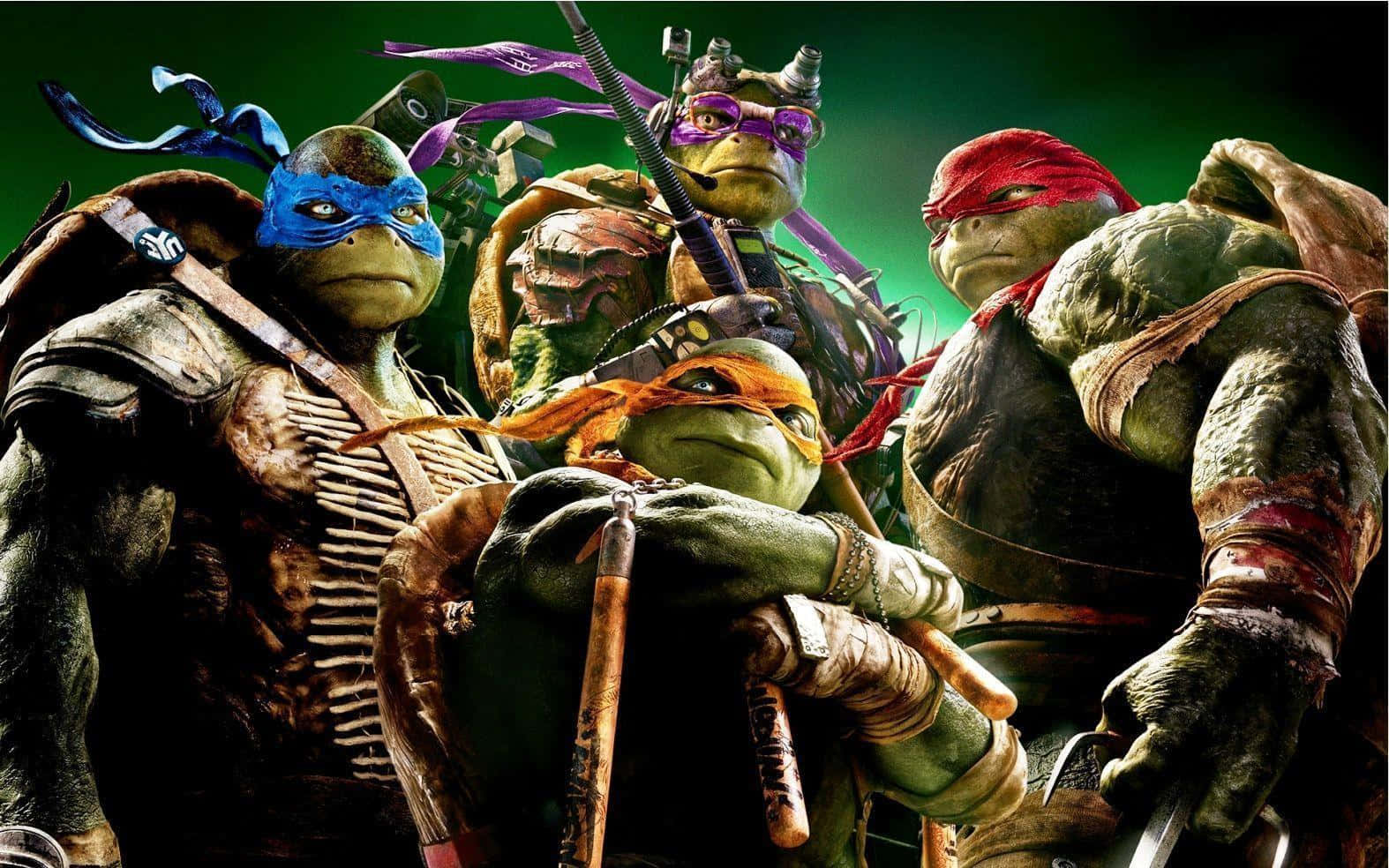 Ninja Turtle 桌布 壁紙 — 四隻身穿裝甲、戴著彩色面具的忍者龜，在深綠色燈光的場景中準備就緒。