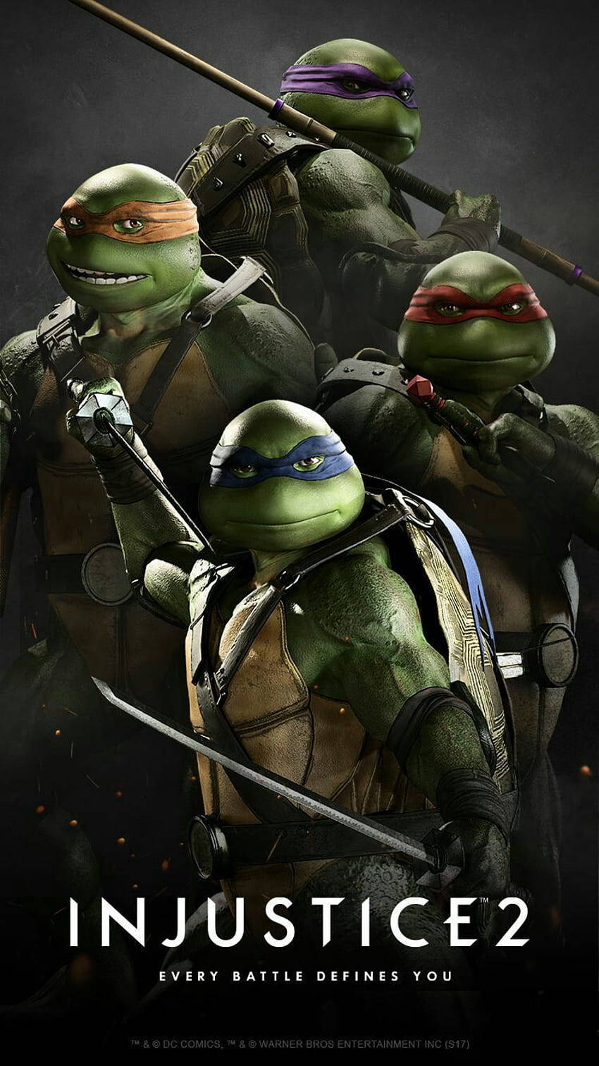 Ninja Turtle 桌布 壁紙 — 四隻身穿裝甲、戴著彩色面罩的忍者龜，在黑暗粗糙的背景前手持武器準備就緒。