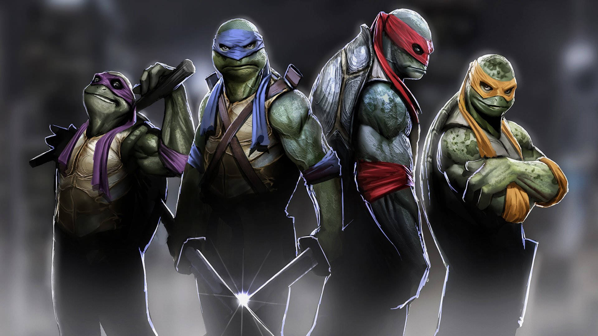teenage mutant ninja turtles 桌布 壁紙 — 四隻身穿裝甲的忍者龜在戲劇性燈光下，手持武器，以英雄姿態排成一列。