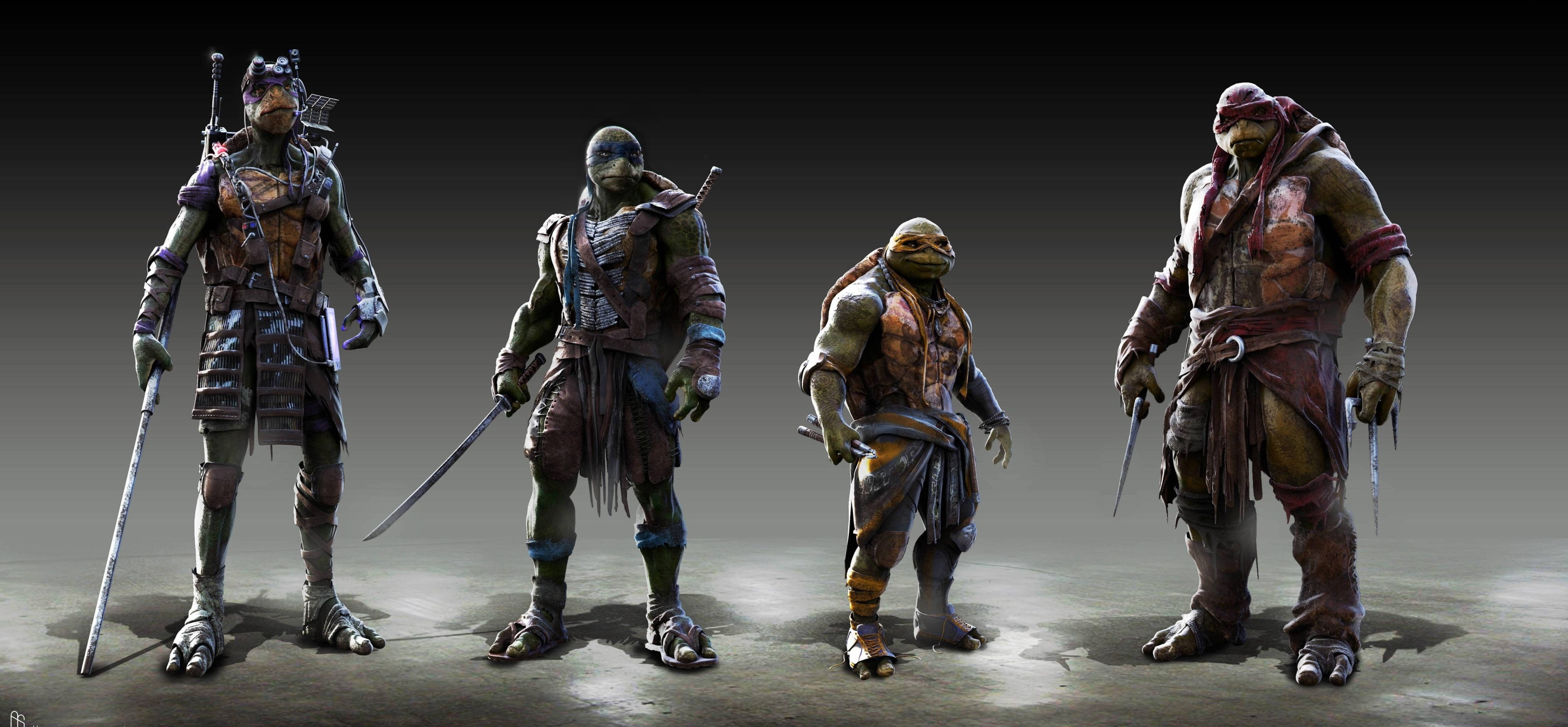 teenage mutant ninja turtles 桌布 壁紙 — 四隻身穿裝甲的忍者龜排成一排，手持武器，背景為深色漸變。
