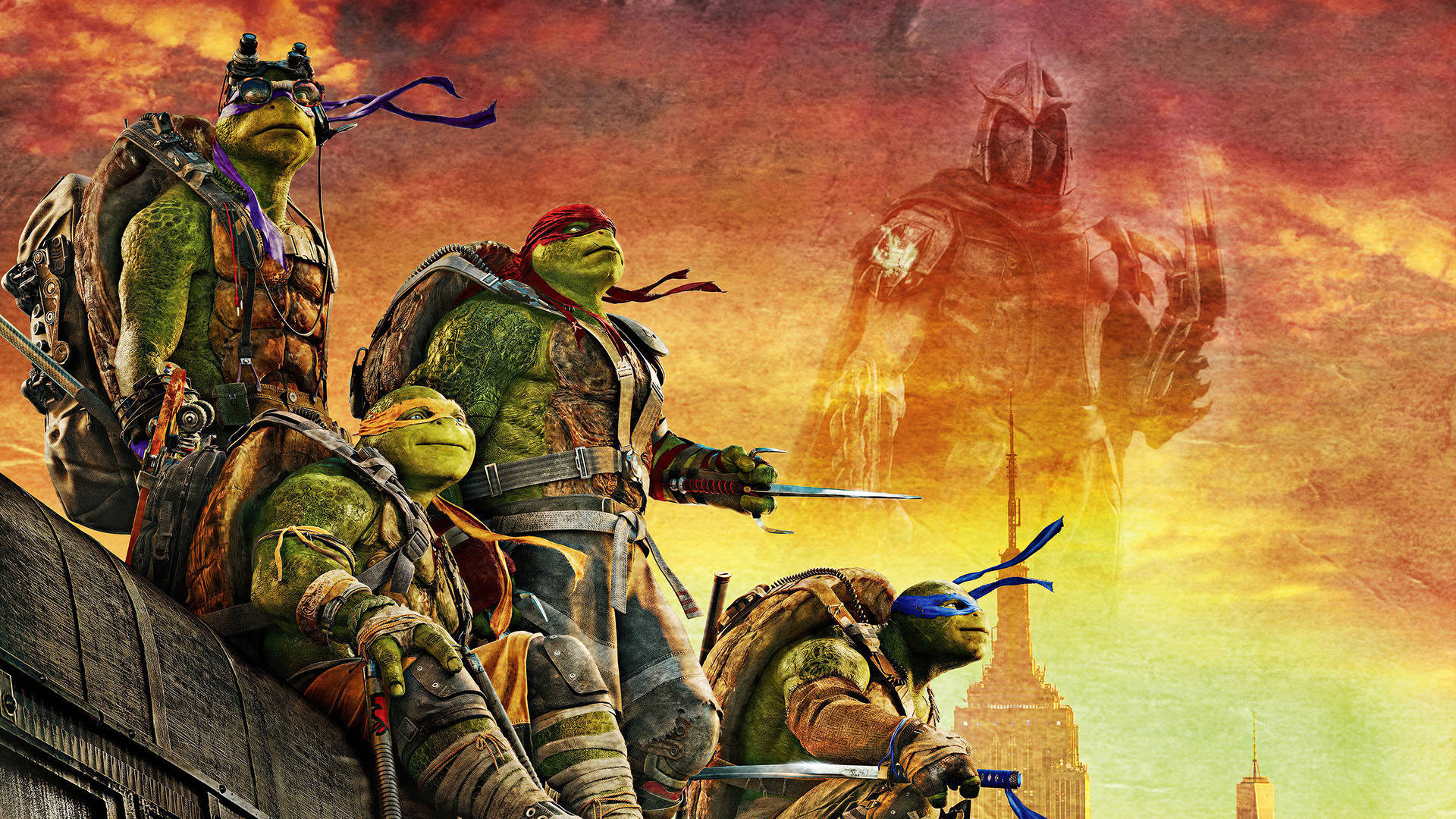 teenage mutant ninja turtles 桌布 壁紙 — 四隻身穿裝甲的忍者龜站在屋頂上，背景是熾熱的夕陽，遠處有一個若隱若現的陰影人物。