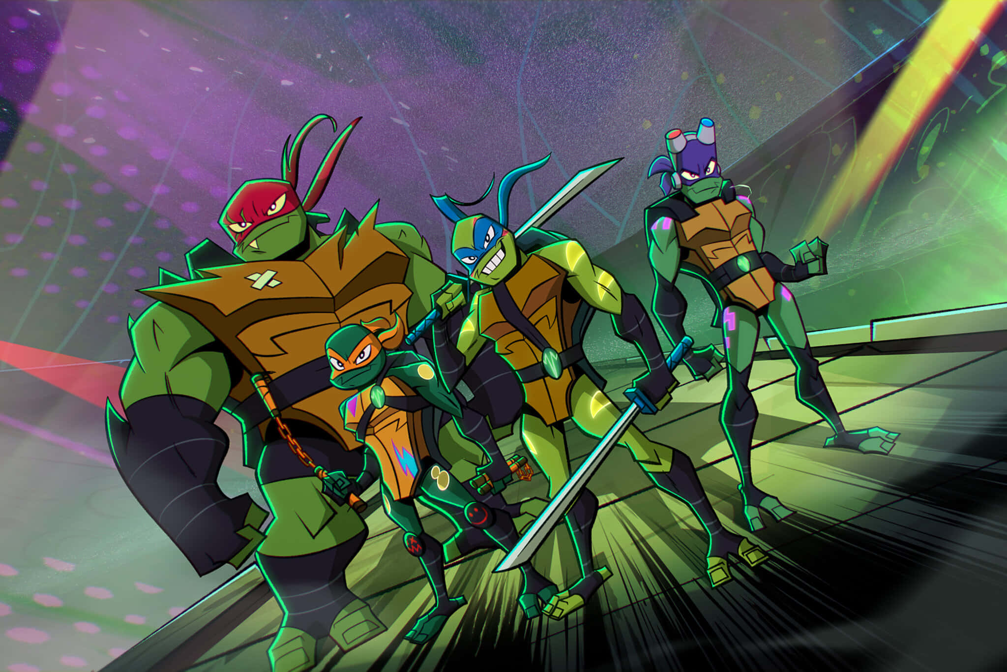 Teenage Mutant Ninja Turtles Comic Book 桌布 壁紙 — 四隻身穿裝甲裝備的忍者龜在霓虹燈下於骯髒的城市小巷中手持武器準備就緒。