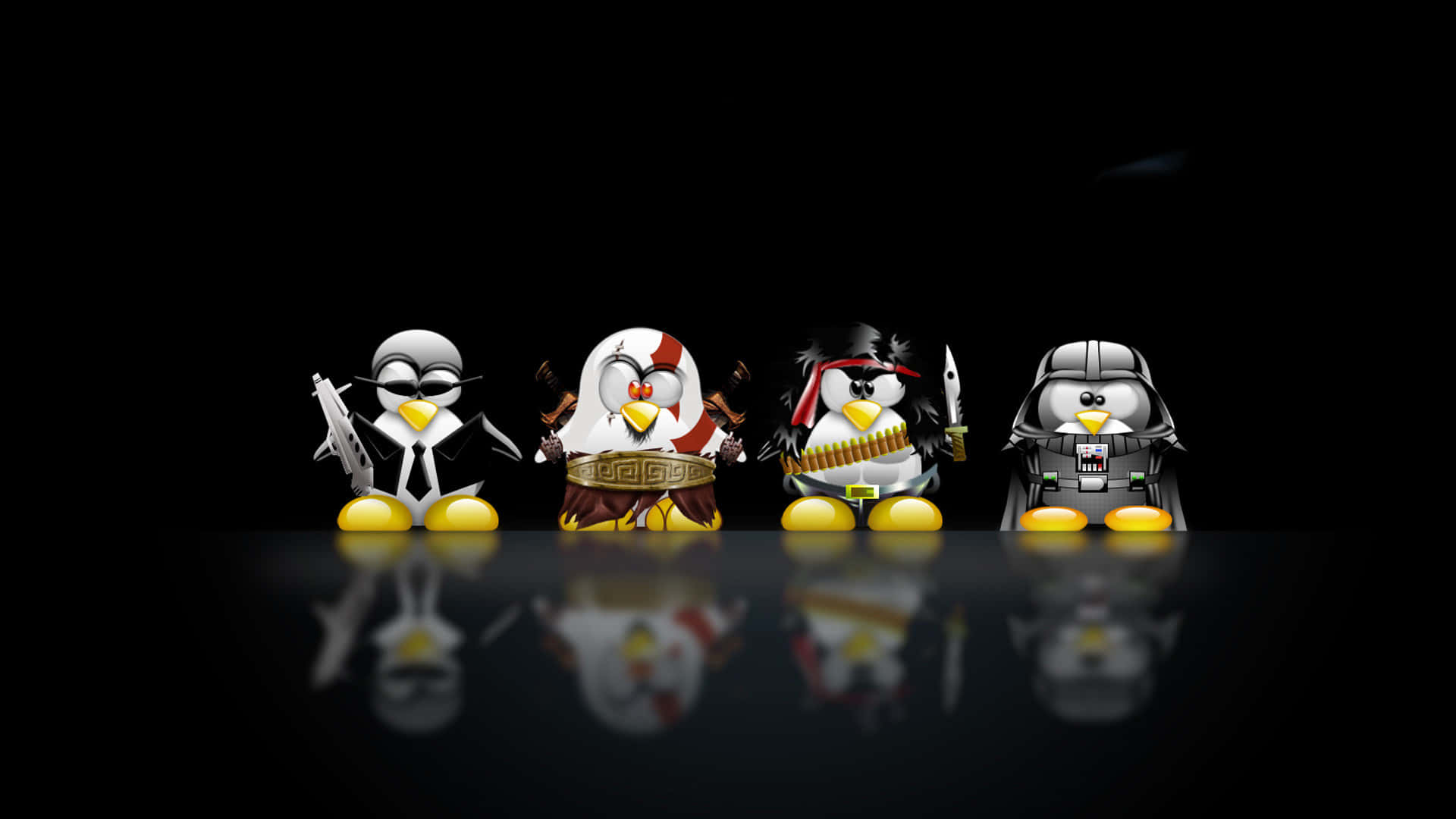 Linux 桌布 壁紙 — 四隻風格化的企鵝角色打扮成標誌性電影反派，站在反光的黑色表面上排成一排。