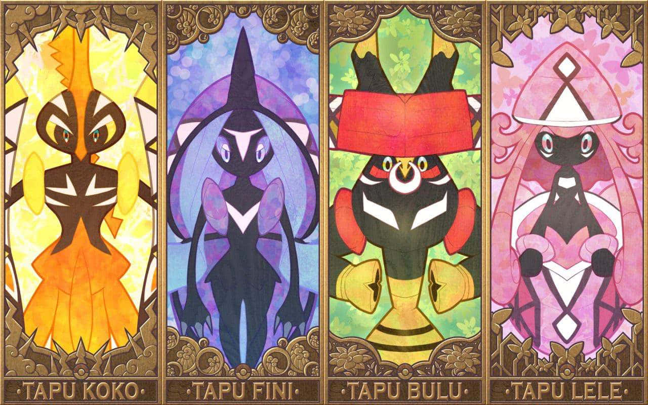 Tapu Bulu 桌布 壁紙 — 四隻風格化的卡璞寶可夢以彩色玻璃面板呈現，配有華麗的金色框架和鮮豔的色彩組合。