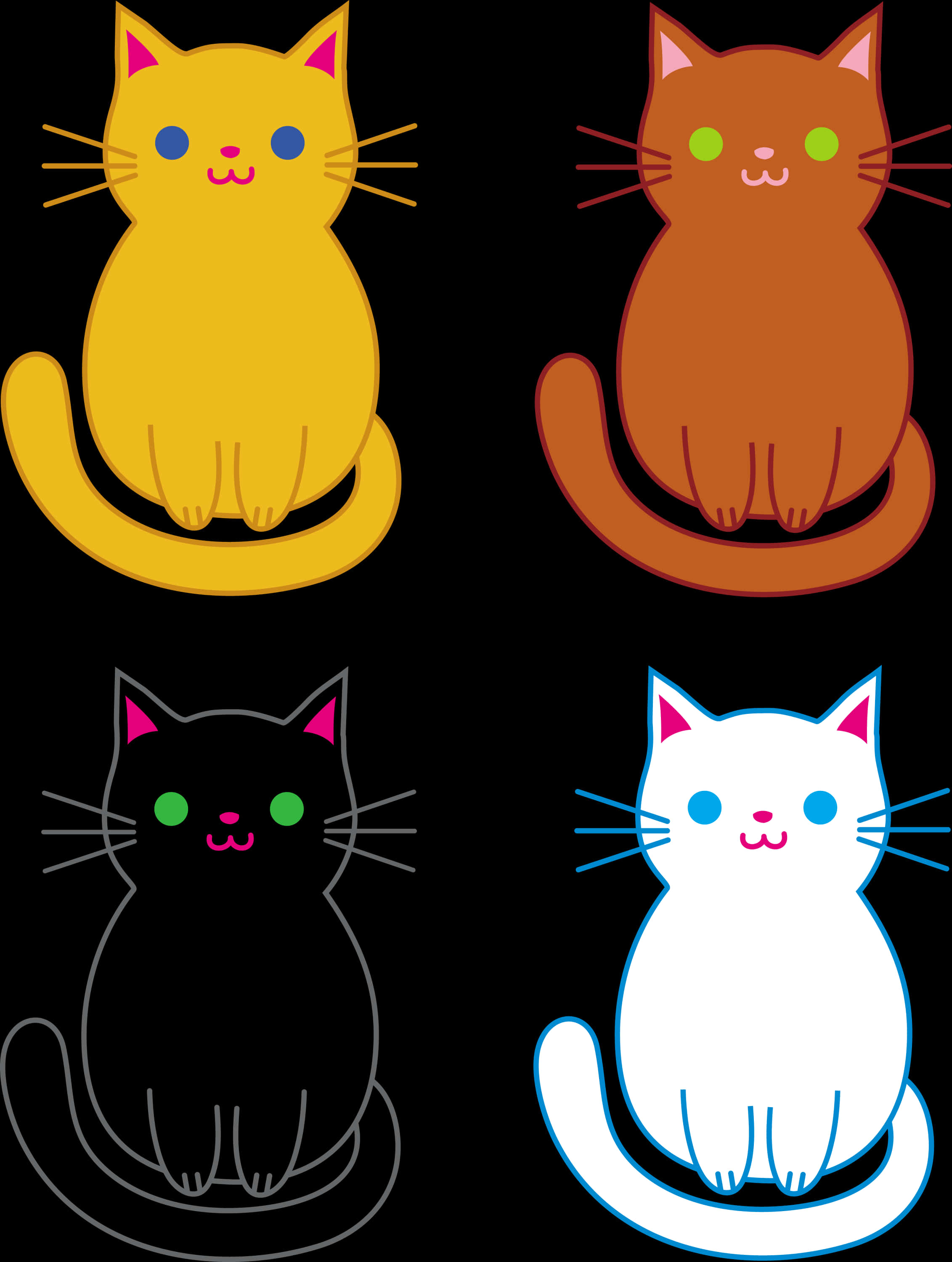 Clip Art 桌布 壁紙 — 四隻風格化的卡通貓咪，分別是黃色、棕色、黑色和白色，平靜地坐在黑色背景上，帶有彩色輪廓和發光的眼睛。