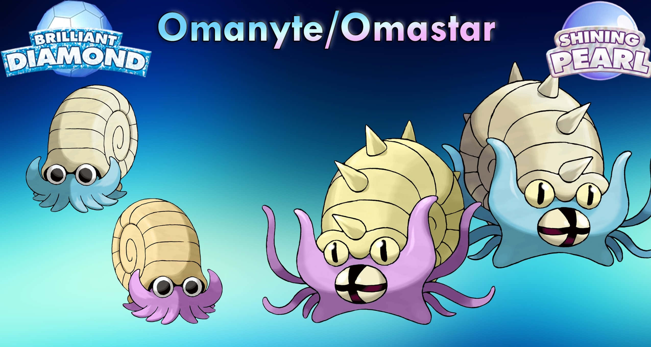 寶可夢 桌布 壁紙 — 四隻風格化的寶可夢 Omanyte 和 Omastar，帶有螺旋殼和觸手，漂浮在漸變藍色背景上。