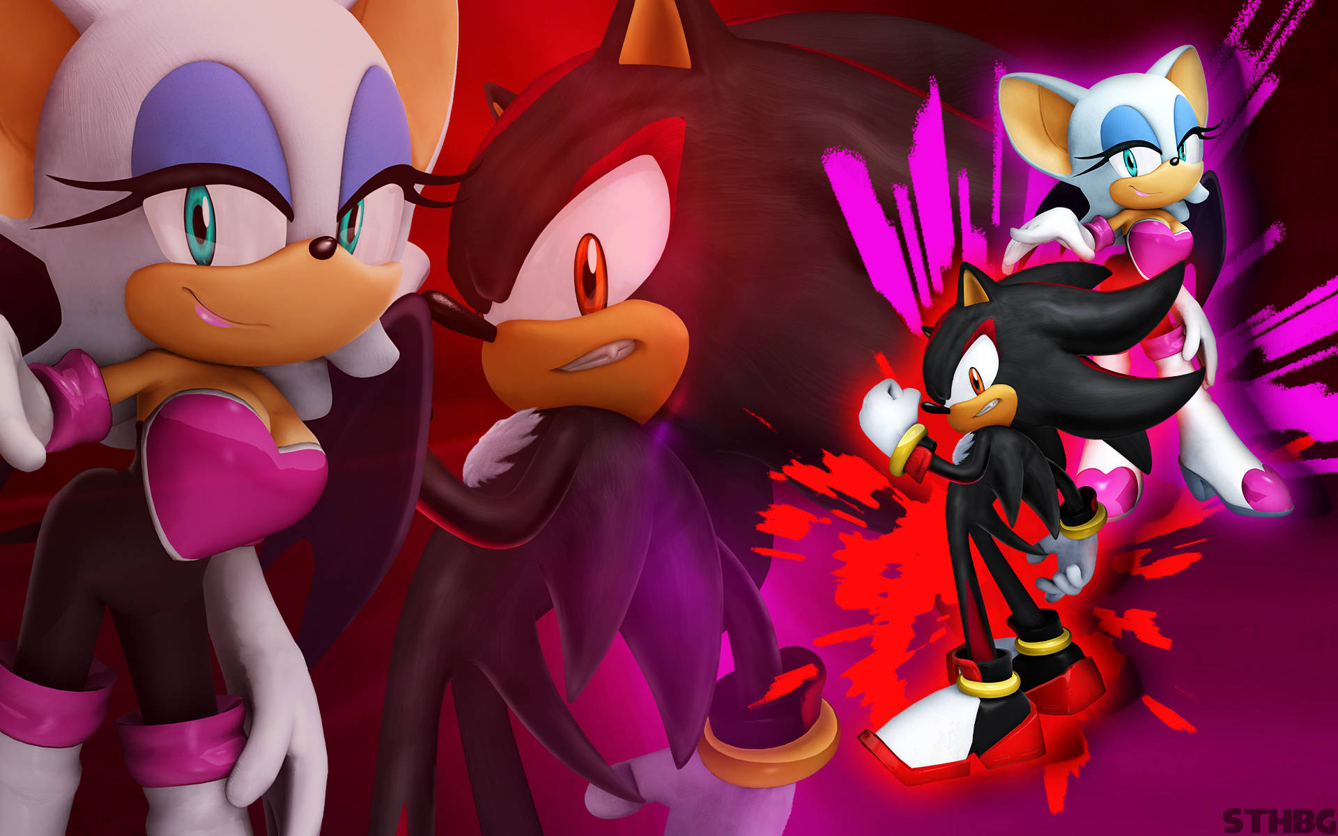 Shadow The Hedgehog 桌布 壁紙 — 四隻風格化的擬人化刺蝟在充滿活力的紅色和洋紅色背景上動態擺姿勢，帶有充滿活力的筆觸效果。