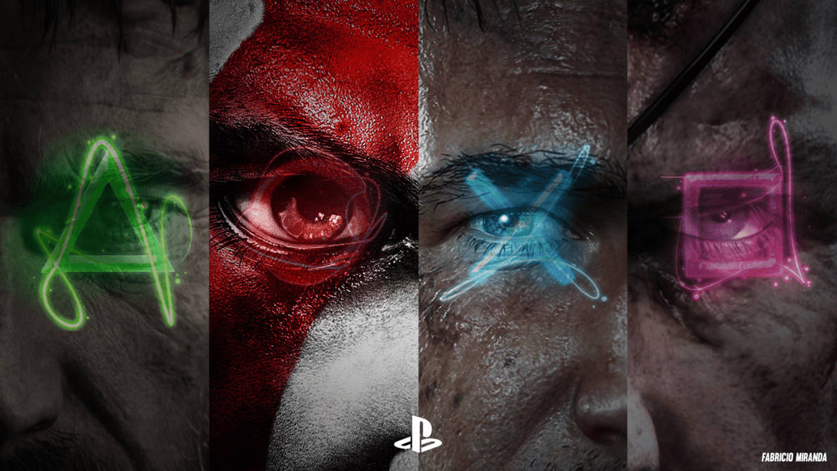 PlayStation 桌布 壁紙 — 四隻風格化的眼睛在深色皮膚紋理上發出螢光綠、紅、藍和粉紅色的數位符號光芒。