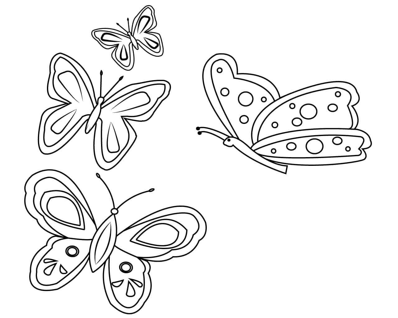 Butterfly Coloring Pages 桌布 壁紙 — 四隻風格化的蝴蝶，翅膀圖案各異，在純白背景上優雅飄浮。