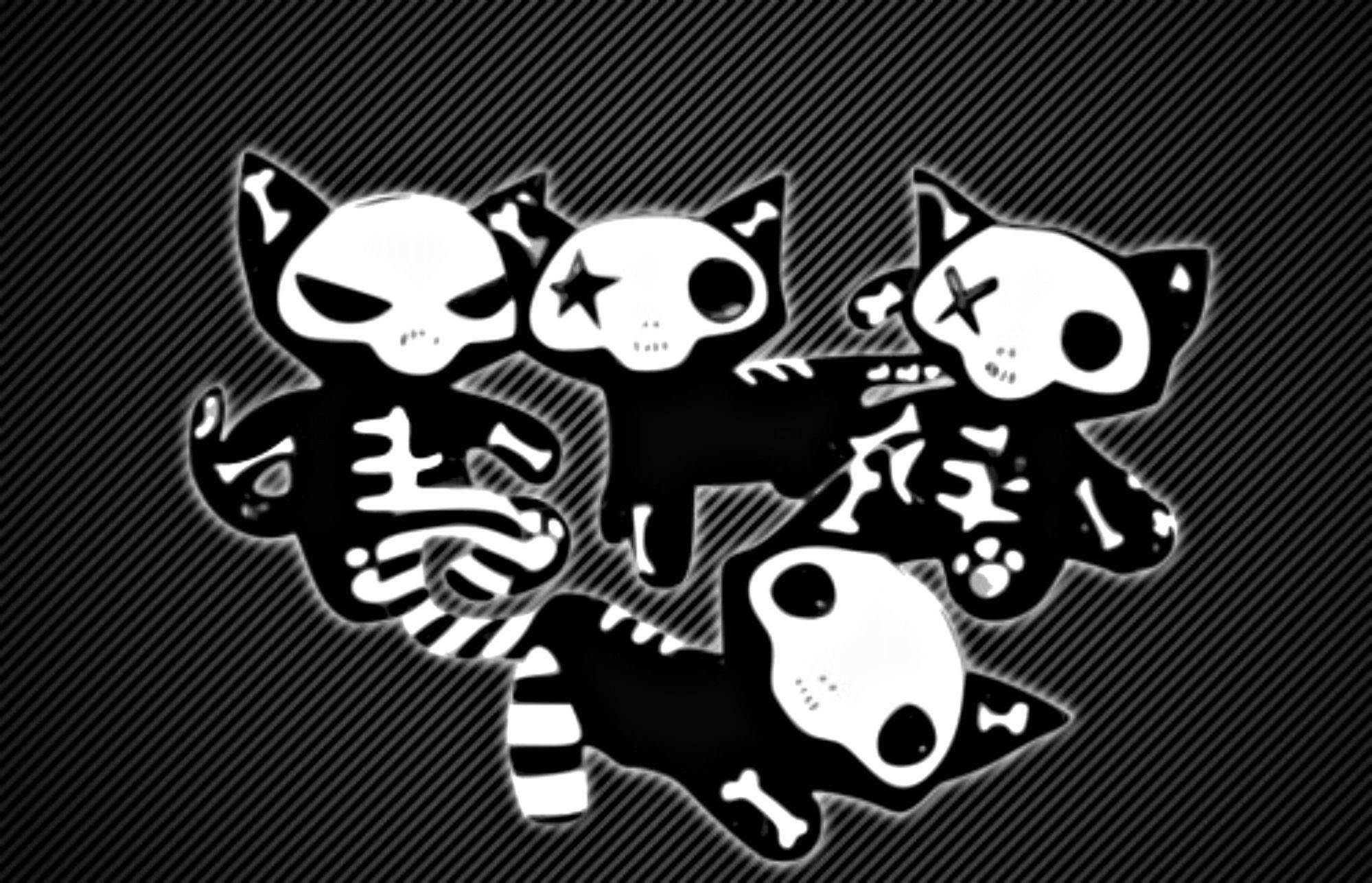 emo 桌布 壁紙 — 四隻風格化的骷髏貓，帶有發光輪廓，在對角線條紋黑色背景上動態擺姿勢。