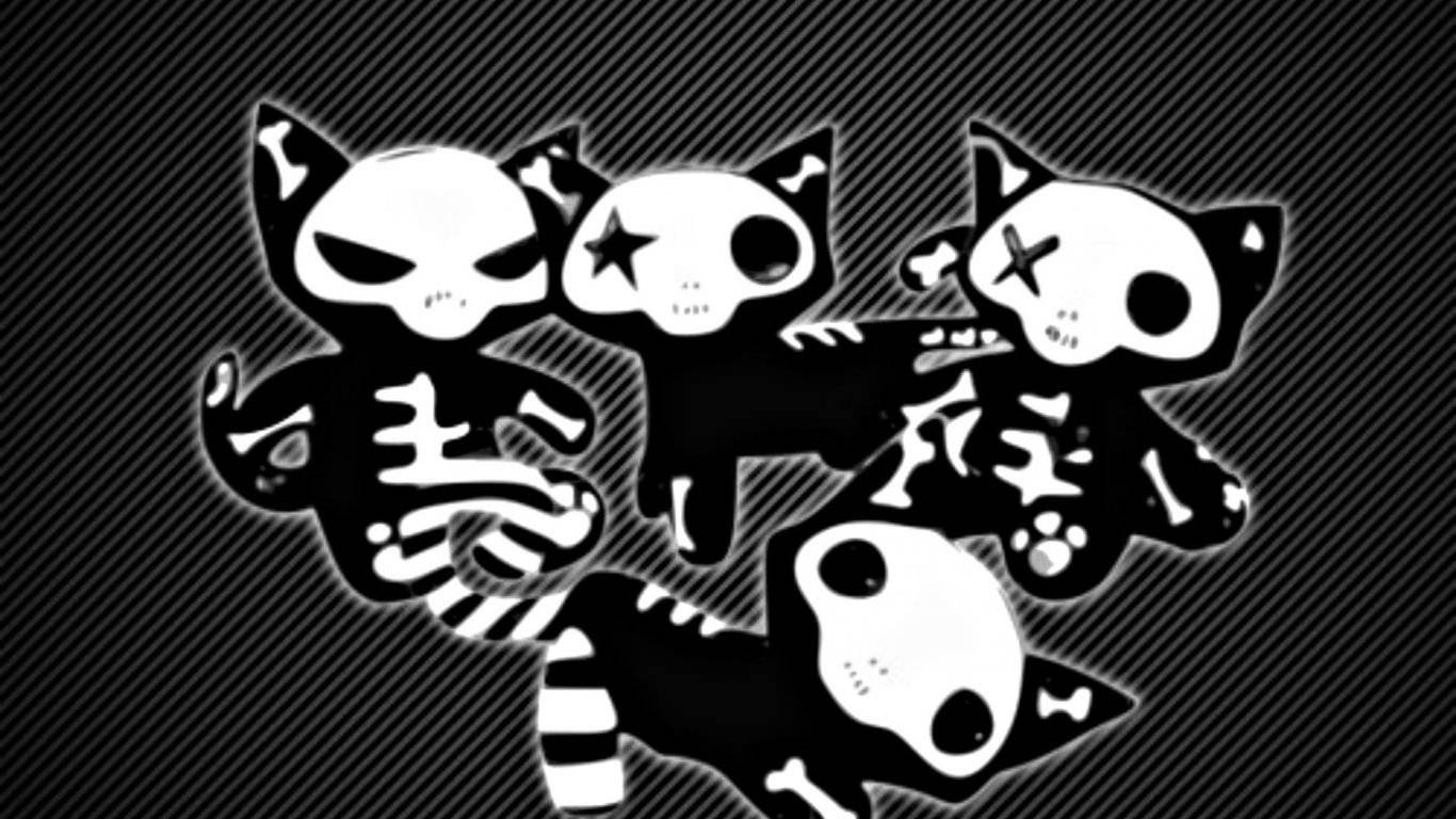 Cat Silhouette 桌布 壁紙 — 四隻風格化的黑白骷髏貓，帶有骨頭和星星眼睛，在對角線條紋背景上動態擺姿勢。