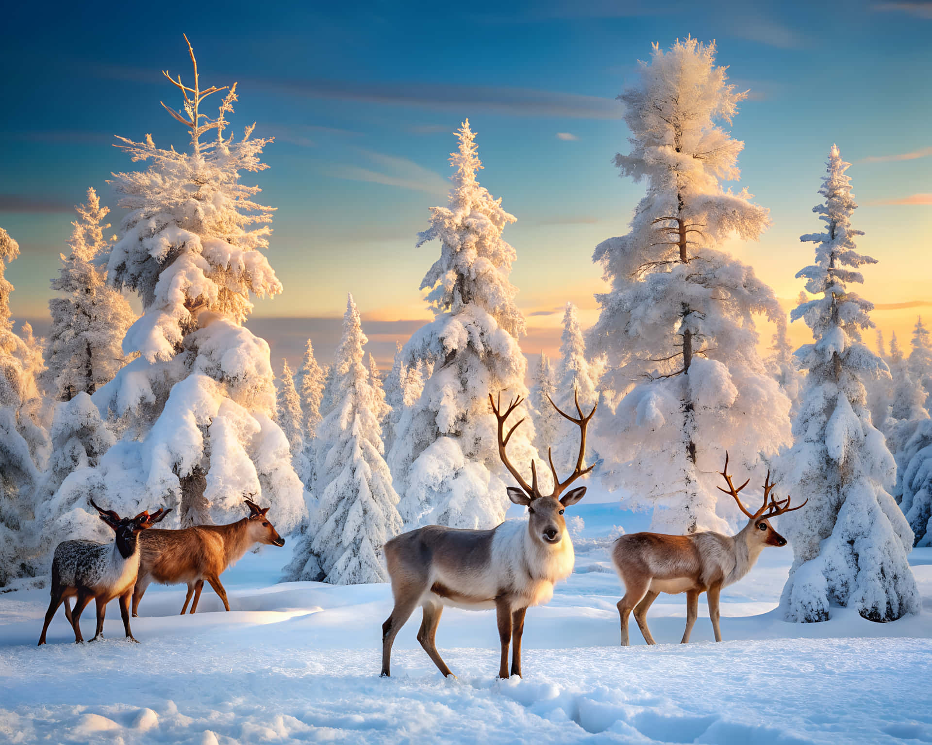 Reindeer and snow-covered trees 壁紙 — 四隻馴鹿站在雪地森林中，日落時分，白雪覆蓋的松樹在金色光芒中閃耀。