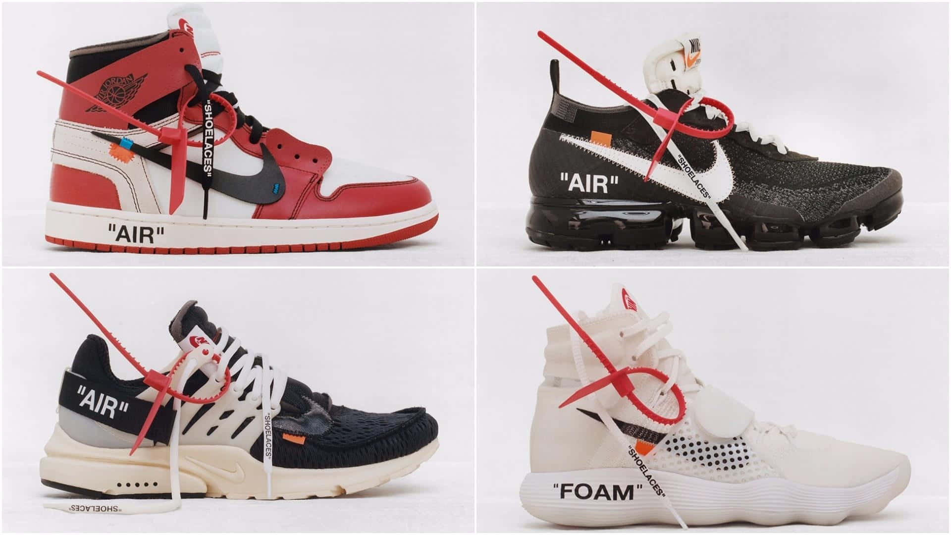 桌布 壁紙 — 四雙Off-White x Nike運動鞋，紅、黑、白色，帶有標誌性紅色綁帶和粗體文字，置於潔白背景上。