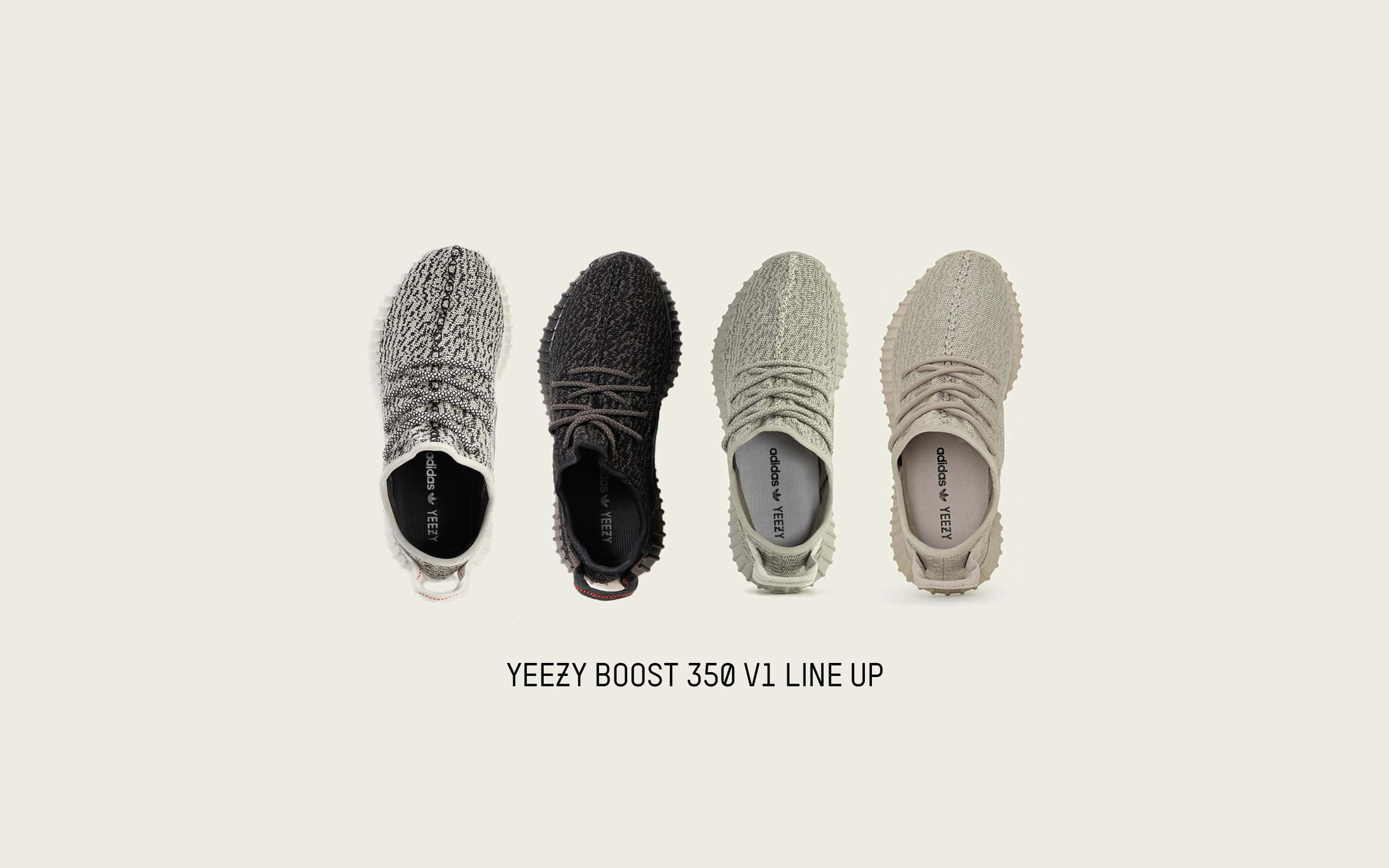 Yeezy 桌布 壁紙 — 四雙Yeezy Boost 350 V1運動鞋，採用灰色、黑色、米色和灰白色針織質地，在純色背景上從上到下展示。