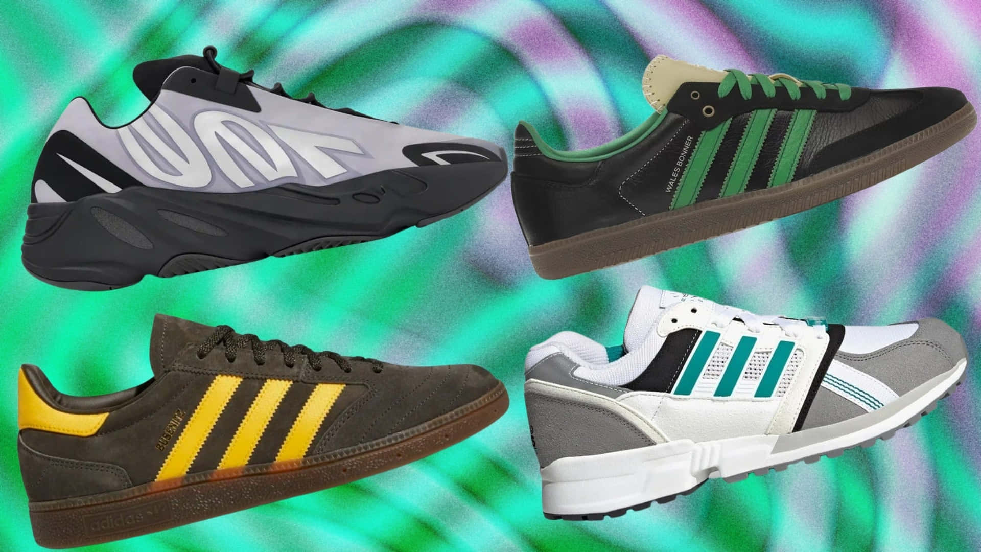 愛迪達 桌布 壁紙 — 四雙復古Adidas運動鞋漂浮在旋轉的霓虹綠紫色背景上。