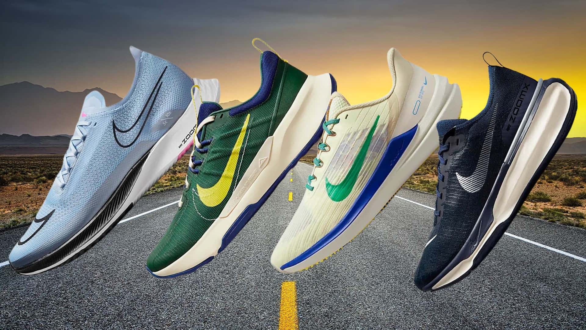 Nike 桌布 壁紙 — 四雙色彩繽紛的Nike跑鞋懸浮在沙漠公路上，背景是夕陽和山脈。