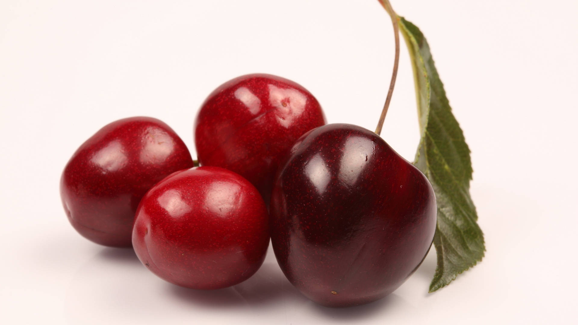 Cherry 桌布 壁紙 — 四顆光澤的紅色櫻桃，附有一片綠葉，放在潔白的背景上。