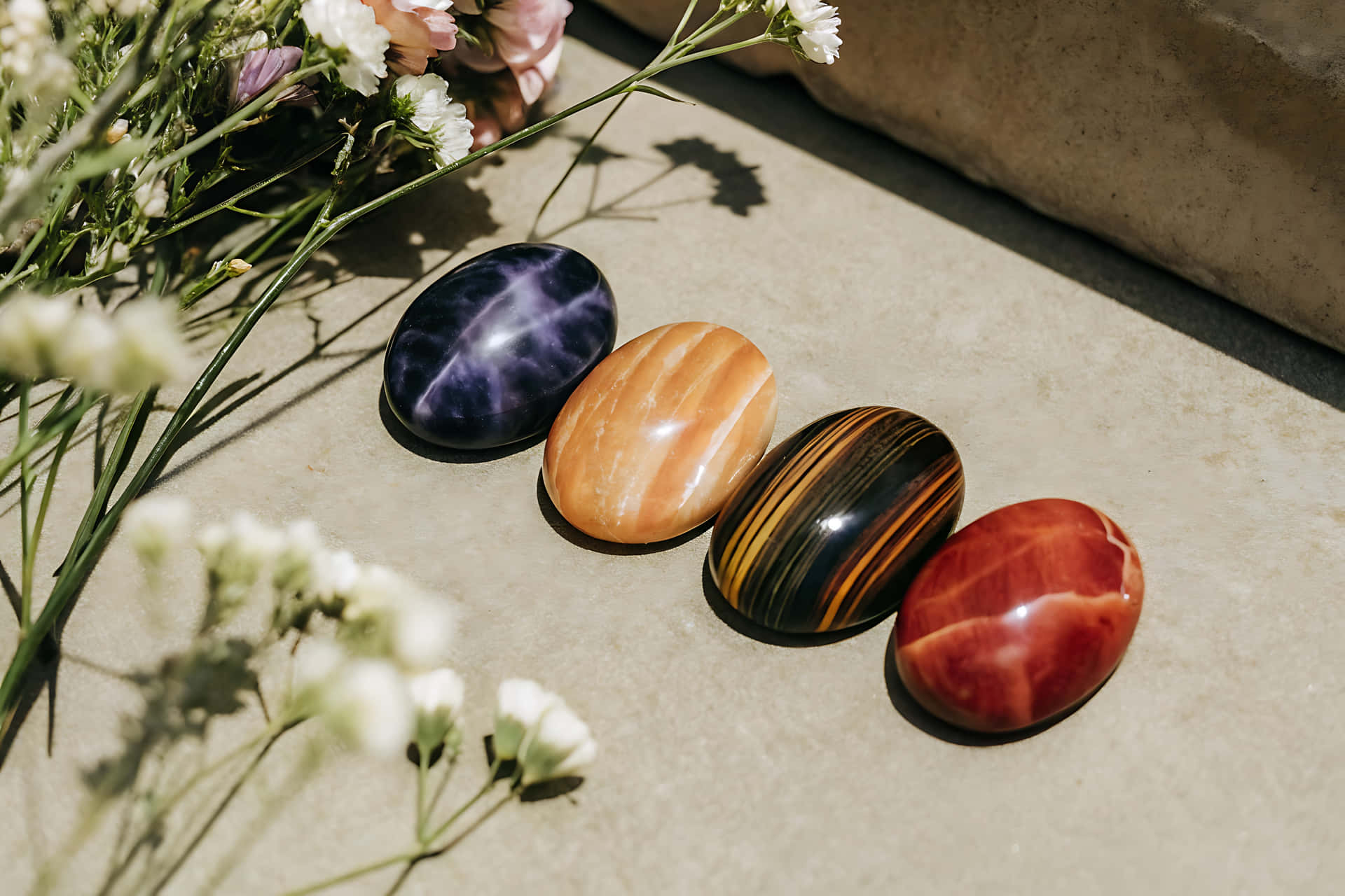Four polished stones with flowers on gray surface 壁紙 — 四顆拋光寶石，呈現紫色、橙色、條紋黑色和紅色，放置在陽光照射的石面上，旁邊有精緻的白色和粉紅色花朵。