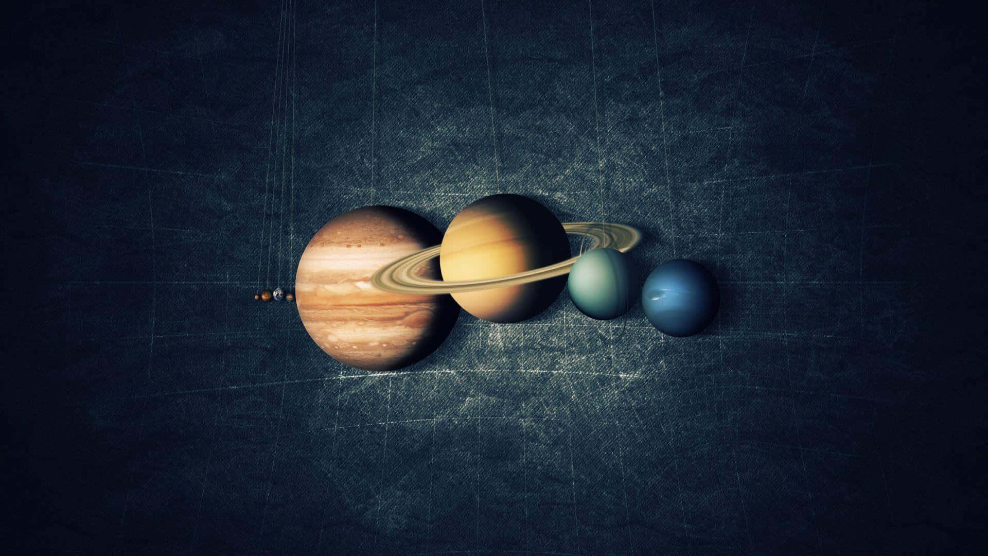 Neptune 桌布 壁紙 — 四顆色彩繽紛的行星，包括帶有光環的土星，排列在深色紋理網格背景上漂浮。