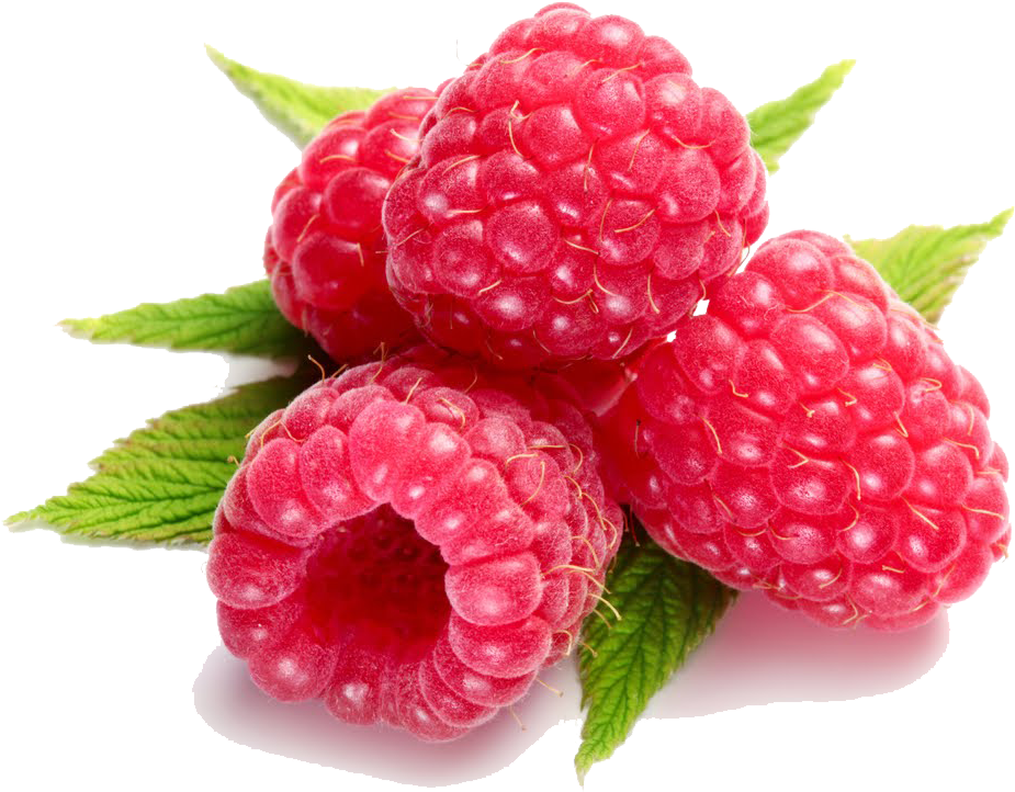 Raspberries 桌布 壁紙 — 四顆飽滿的紅覆盆子搭配綠葉，在純黑背景上閃閃發光。