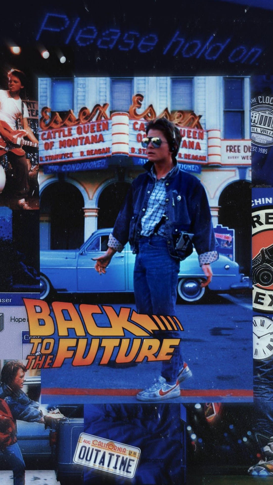 復古美學 iPhone 桌布 壁紙 — 《回到未來》的鮮明電影海報，Marty McFly 身穿牛仔夾克和太陽眼鏡，站在一個有藍色汽車和霓虹招牌的復古電影院前。