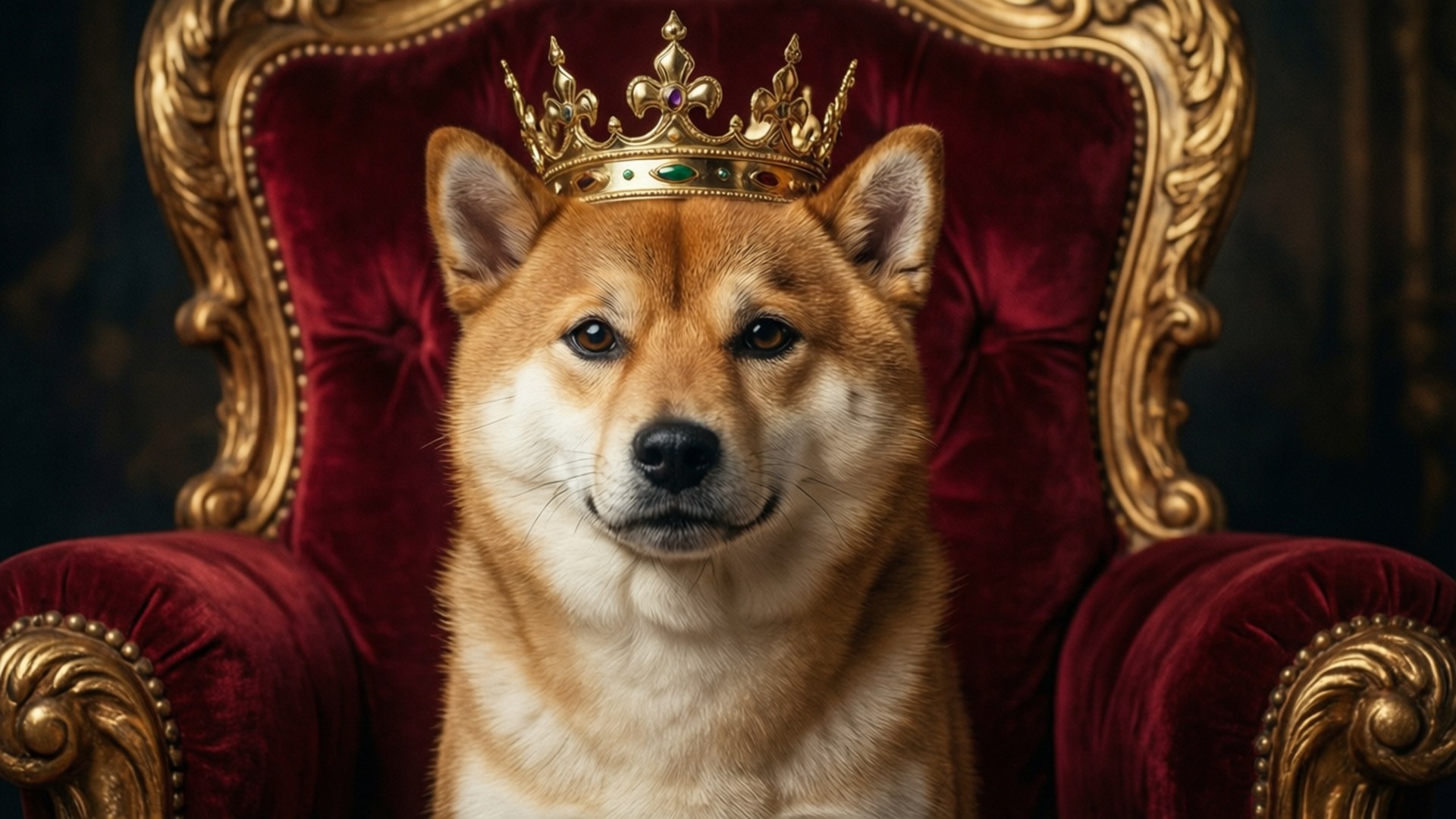 國王狗狗 壁紙 — 一隻高貴的柴犬戴著鑲有寶石的王冠，驕傲地坐在一張裝飾華麗、帶有金色點綴的紅色天鵝絨王座上。