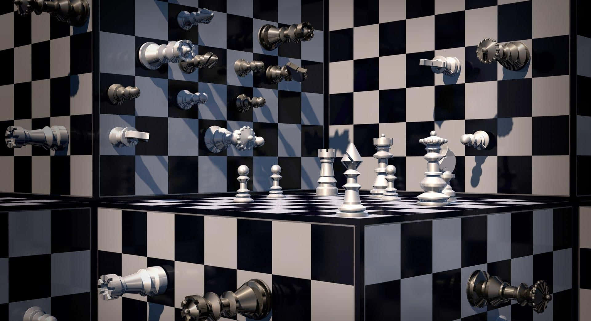 西洋棋 桌布 壁紙 — 國際象棋棋子漂浮並站立在棋盤上，處於一個帶有無限反射的鏡面房間中。