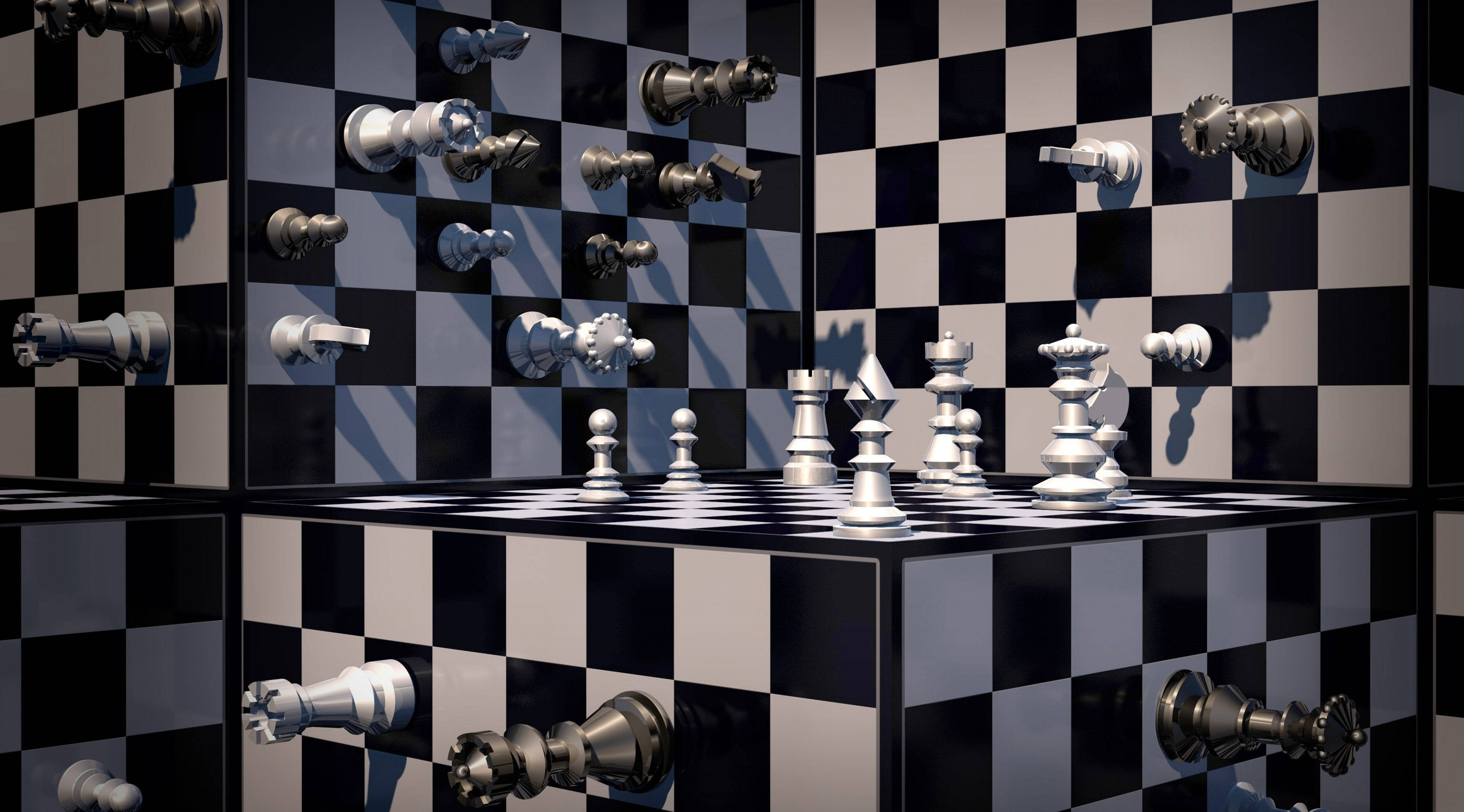 抽象 桌布 壁紙 — 國際象棋棋子漂浮並站立在黑白棋盤上，處於超現實的 3D 渲染房間中。