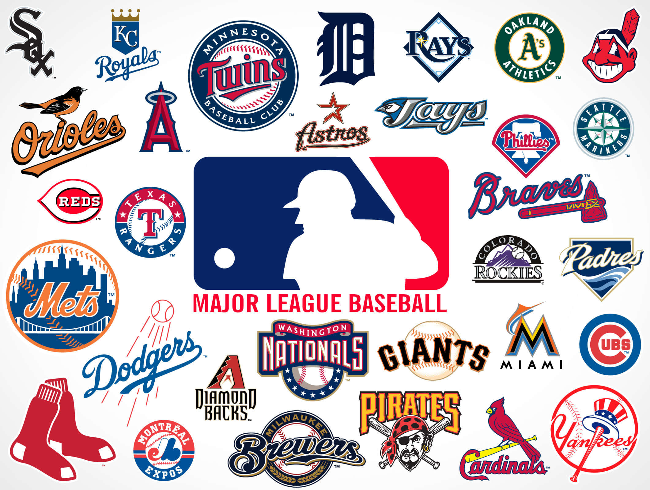 MLB Teams 桌布 壁紙 — 圍繞中央MLB剪影標誌排列的MLB球隊標誌鮮明拼貼畫。