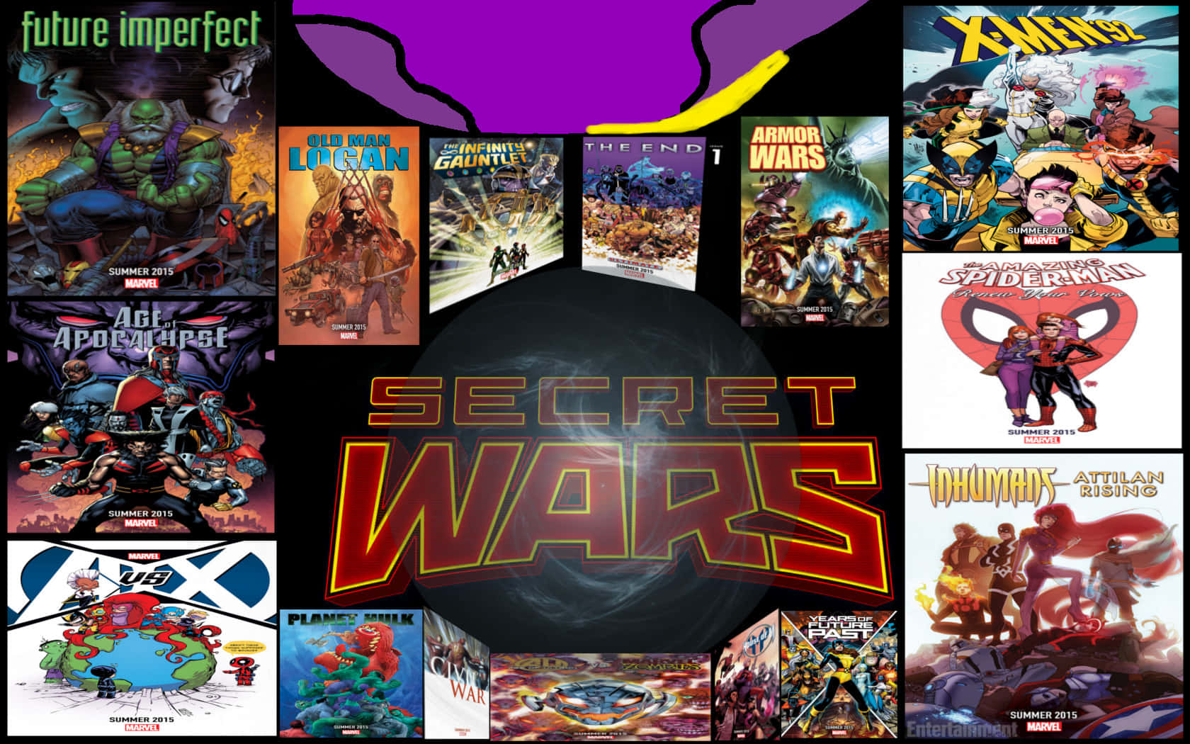 Secret Wars 桌布 壁紙 — 圍繞中央帶有宇宙背景的「SECRET WARS」標誌的Marvel漫畫封面拼貼畫。