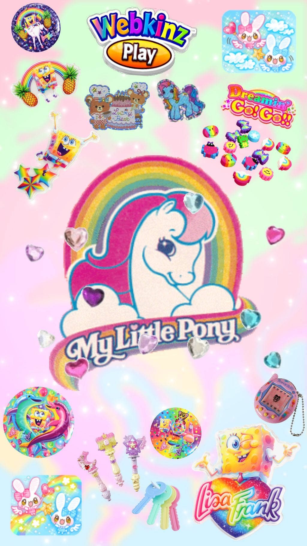 童趣風 桌布 壁紙 — 圍繞中央彩虹獨角獸標誌漂浮的My Little Pony和SpongeBob SquarePants貼紙的充滿活力的拼貼畫。
